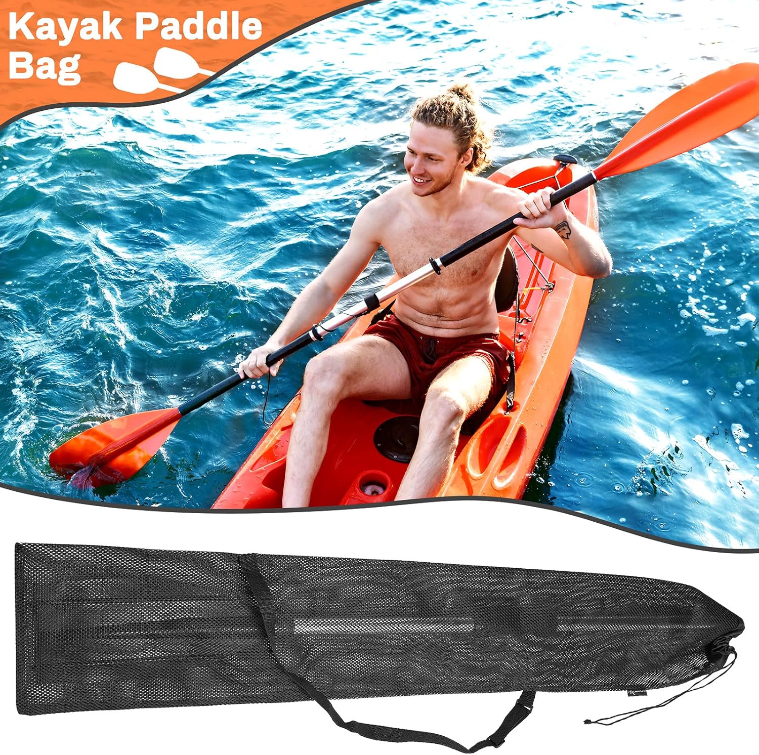 2 Pieces Drawstring Mesh Kayak Paddle Bag With Adjustable Shoulder Strap - Portable Storage for Long Boat Canoe Paddles, Transport - Image 6