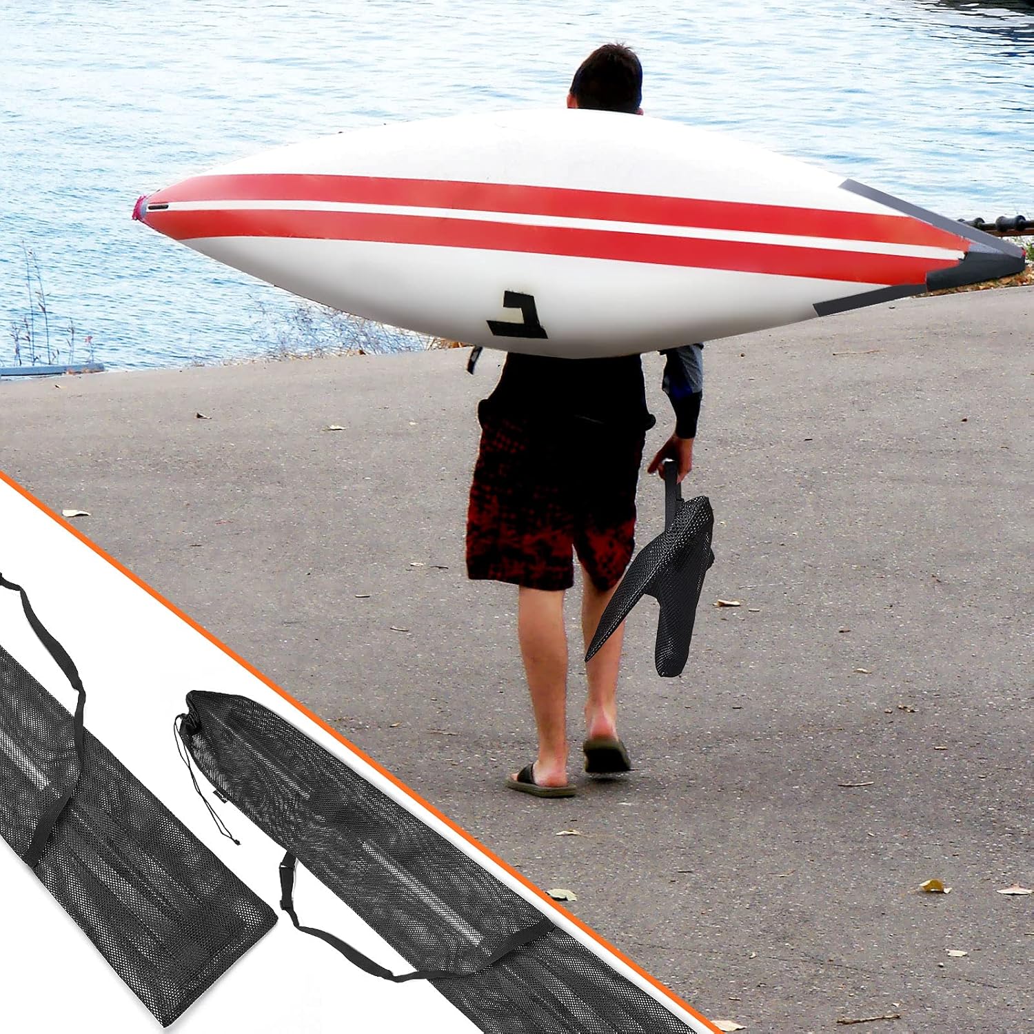 2 Pieces Drawstring Mesh Kayak Paddle Bag With Adjustable Shoulder Strap - Portable Storage for Long Boat Canoe Paddles, Transport - Image 7