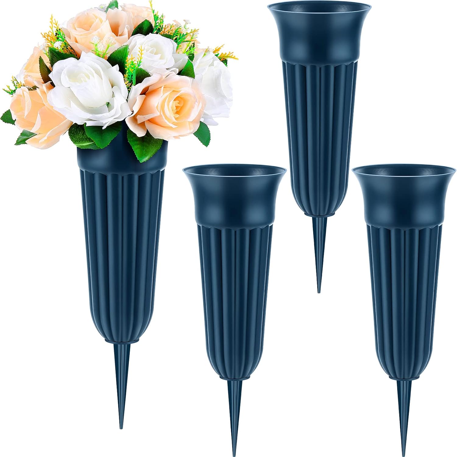 4 Pack Cemetery Vases with Spikes Headstone Vase for Graves Memorial Grave Site Decorations Floral Markers Flower Holder Plastic Hollow Drainage Hole (Classic Style) - - Image 1