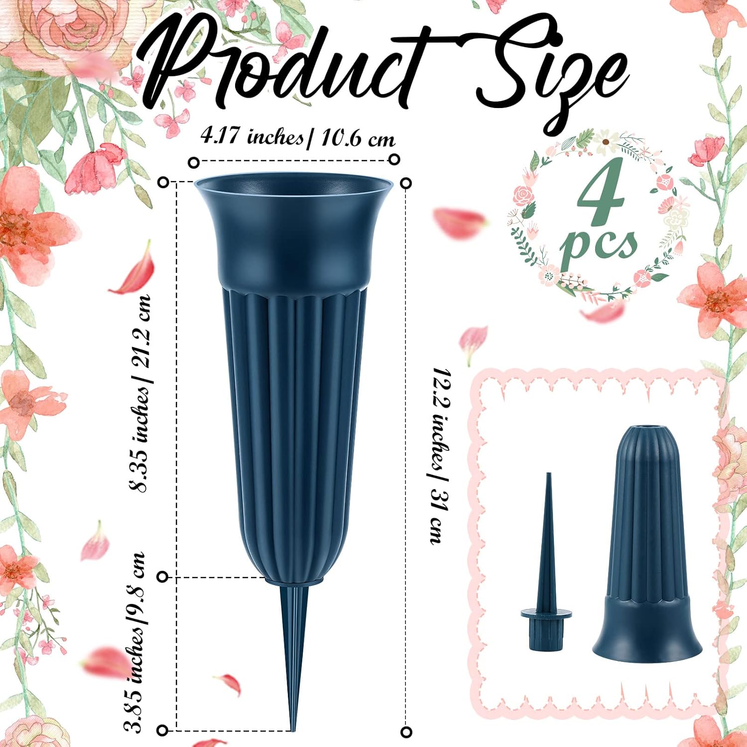 4 Pack Cemetery Vases with Spikes Headstone Vase for Graves Memorial Grave Site Decorations Floral Markers Flower Holder Plastic Hollow Drainage Hole (Classic Style) - - Image 2