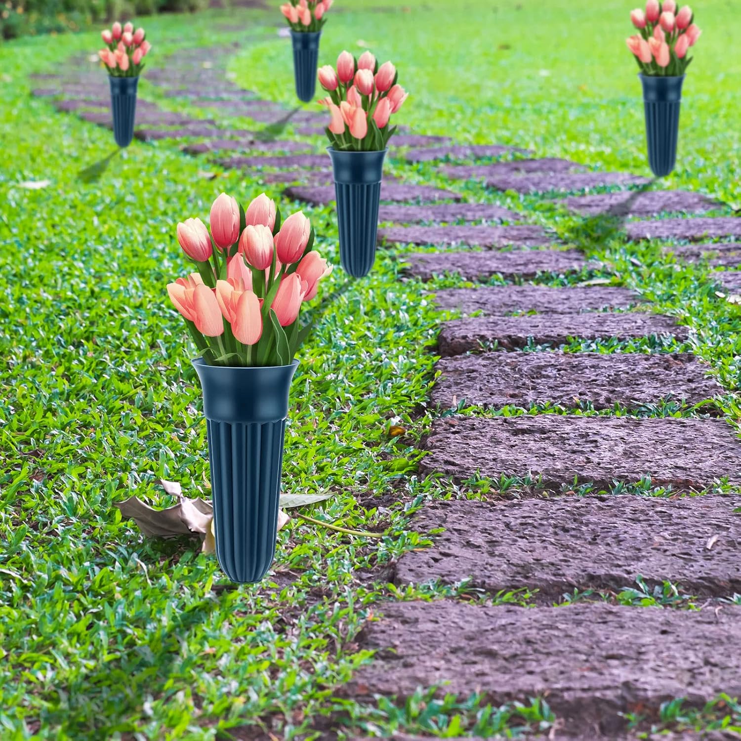 4 Pack Cemetery Vases with Spikes Headstone Vase for Graves Memorial Grave Site Decorations Floral Markers Flower Holder Plastic Hollow Drainage Hole (Classic Style) - - Image 7