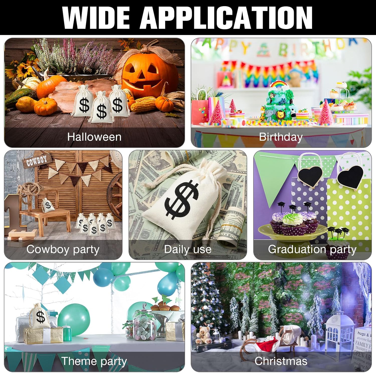 48 Pcs Canvas Money Bags Bulk with Drawstring Dollar Sign Sacks Pouch 4.3 x 7.1 Inch Cash Coin Props for Halloween Bank Robber Pirate Cosplay Party Favors - - Image 4