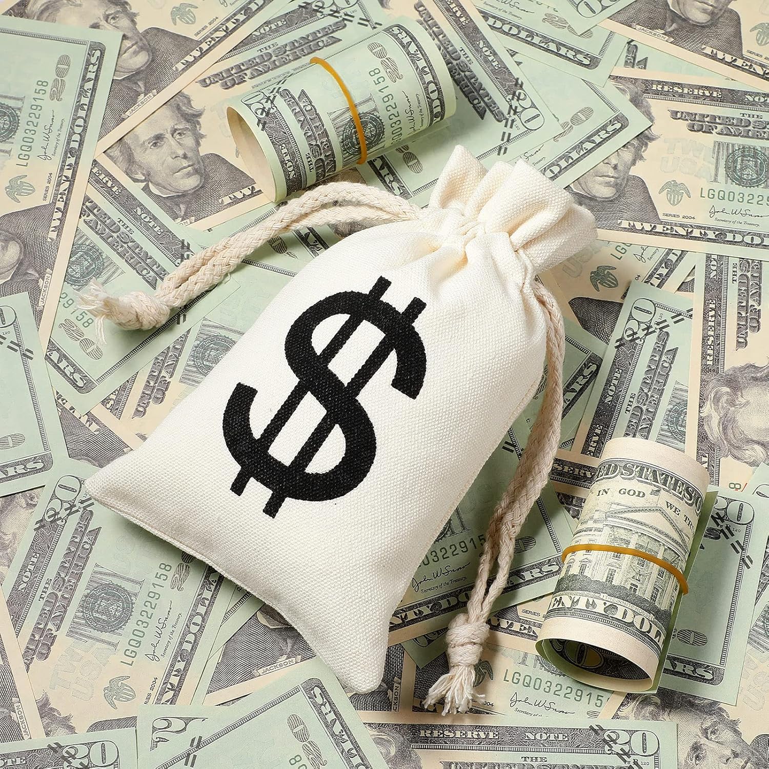 48 Pcs Canvas Money Bags Bulk with Drawstring Dollar Sign Sacks Pouch 4.3 x 7.1 Inch Cash Coin Props for Halloween Bank Robber Pirate Cosplay Party Favors - - Image 5