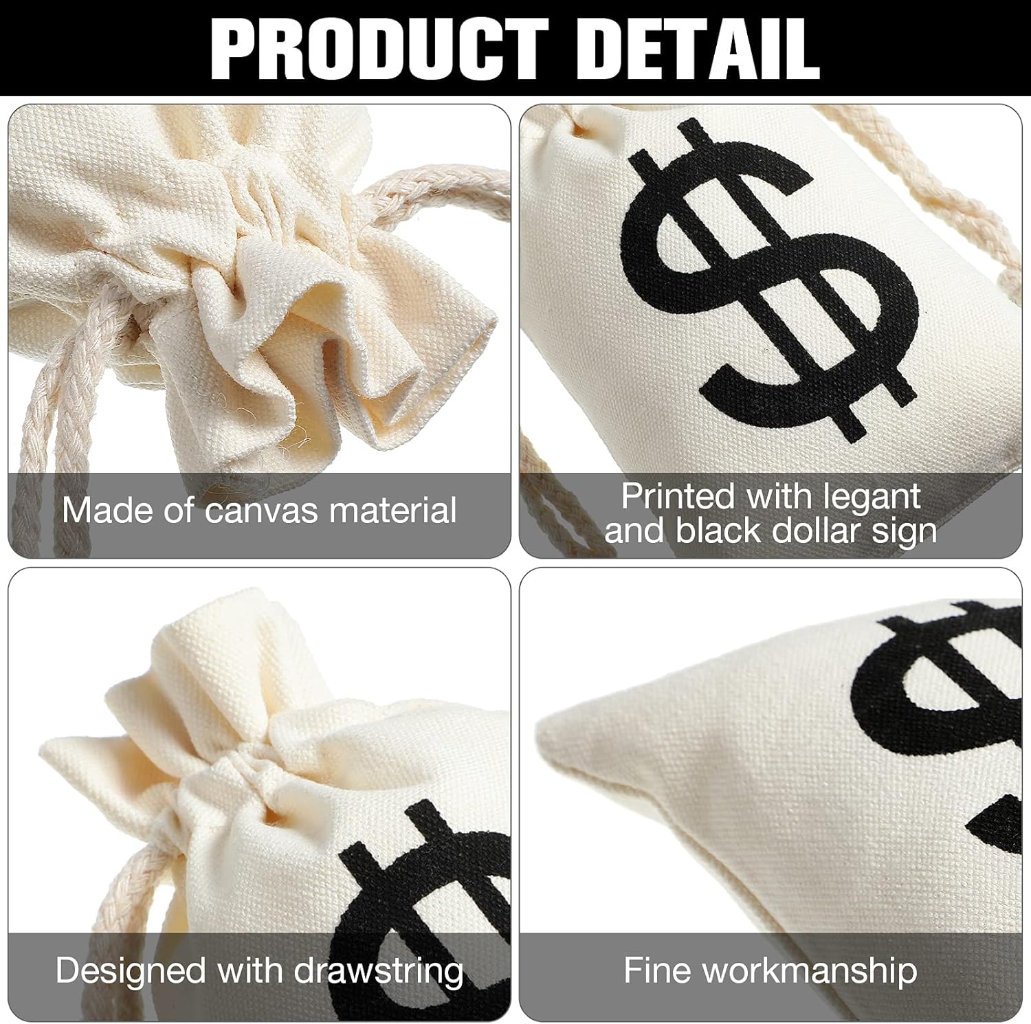 48 Pcs Canvas Money Bags Bulk with Drawstring Dollar Sign Sacks Pouch 4.3 x 7.1 Inch Cash Coin Props for Halloween Bank Robber Pirate Cosplay Party Favors - - Image 7