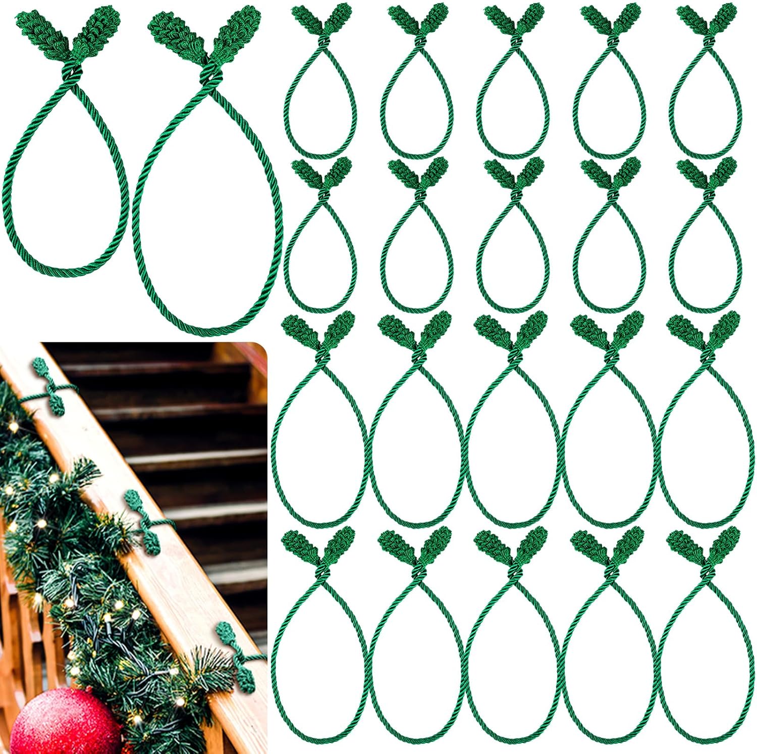20 Pcs Christmas Inches and 16 Set Decorative Garland Twist Ties Decor for Xmas Holiday Lights Bannisters Stairways Railings (Green) Green - - Image 1