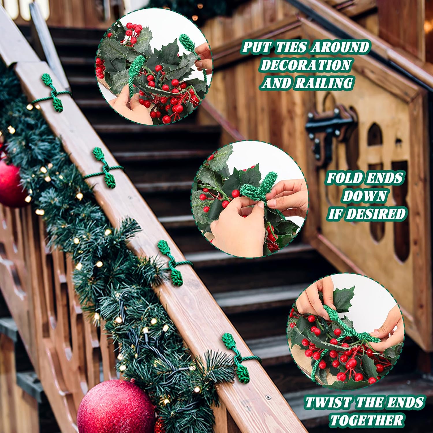 20 Pcs Christmas Inches and 16 Set Decorative Garland Twist Ties Decor for Xmas Holiday Lights Bannisters Stairways Railings (Green) Green - - Image 3