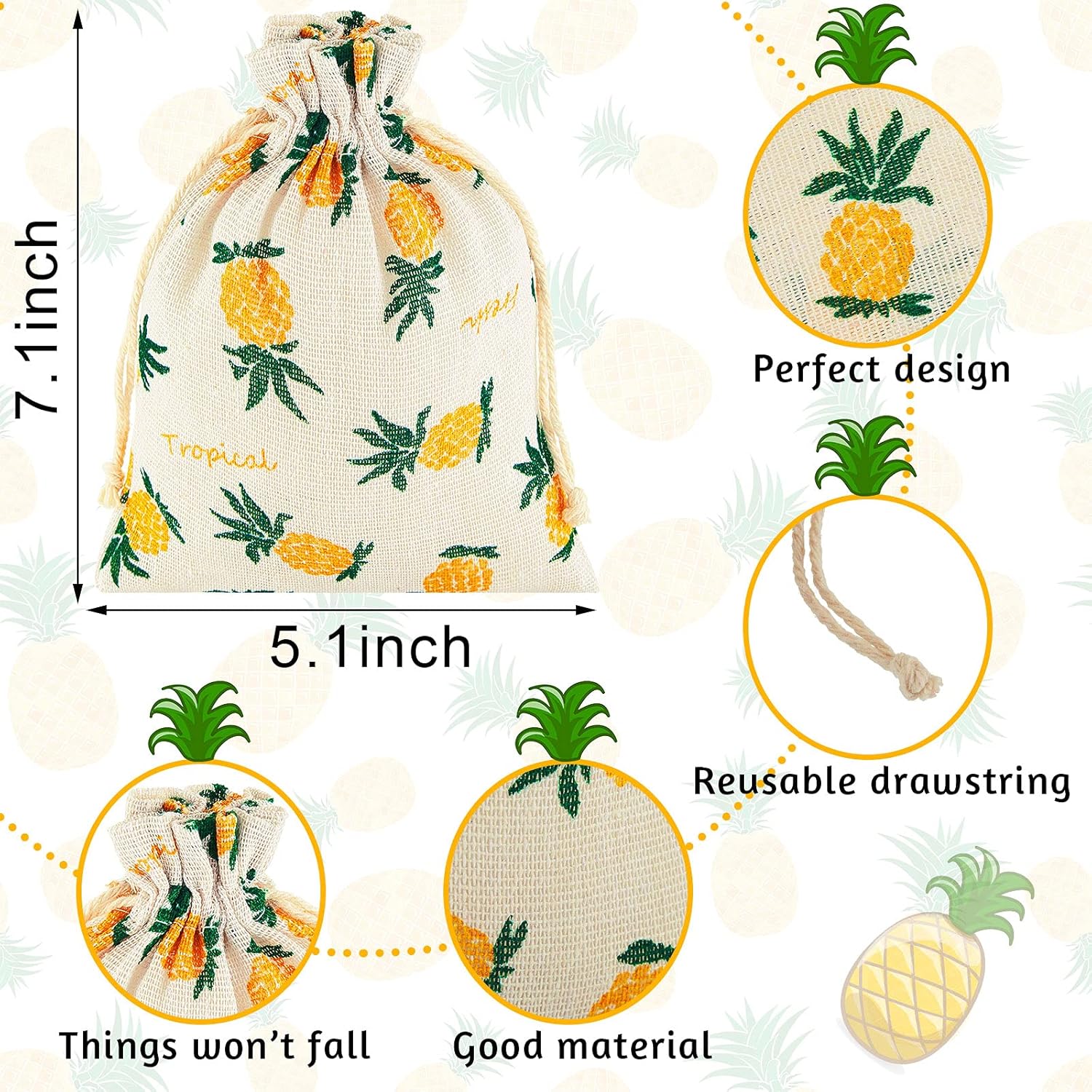 25 Pieces Pineapple Treat Bags Drawstring Favor Storage for Birthday Party Wedding Hawaiian Luau Favors Summer Supplies - - Image 2