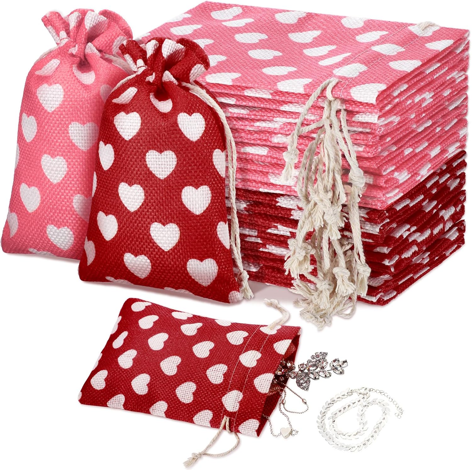 24 Pieces Valentine's Day Burlap Bag with Drawstring Linen Heart Red and Pink for 4 x 6 Inches Party Favor Gift Bags Packing Storage Pouch - - Image 1