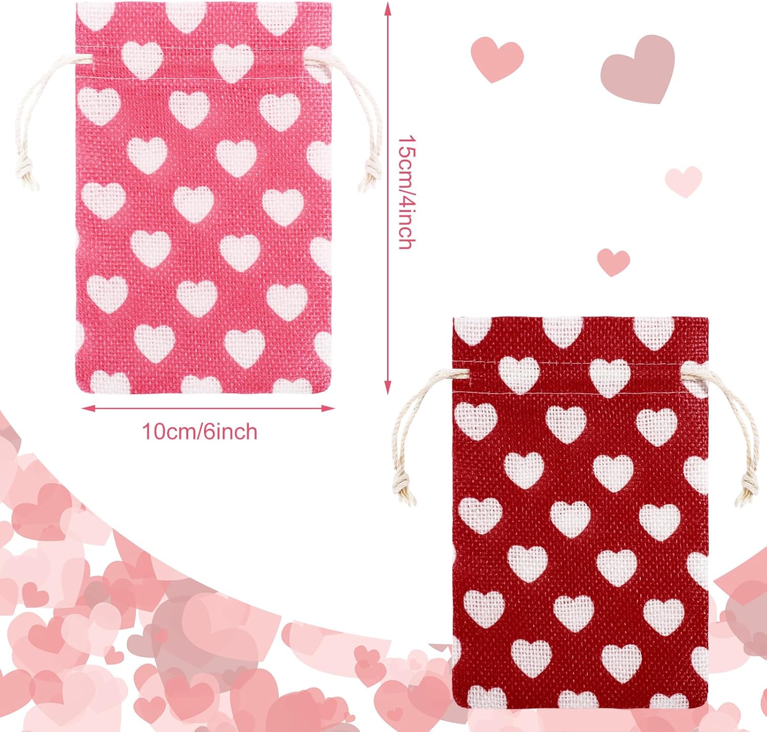 24 Pieces Valentine's Day Burlap Bag with Drawstring Linen Heart Red and Pink for 4 x 6 Inches Party Favor Gift Bags Packing Storage Pouch - - Image 2