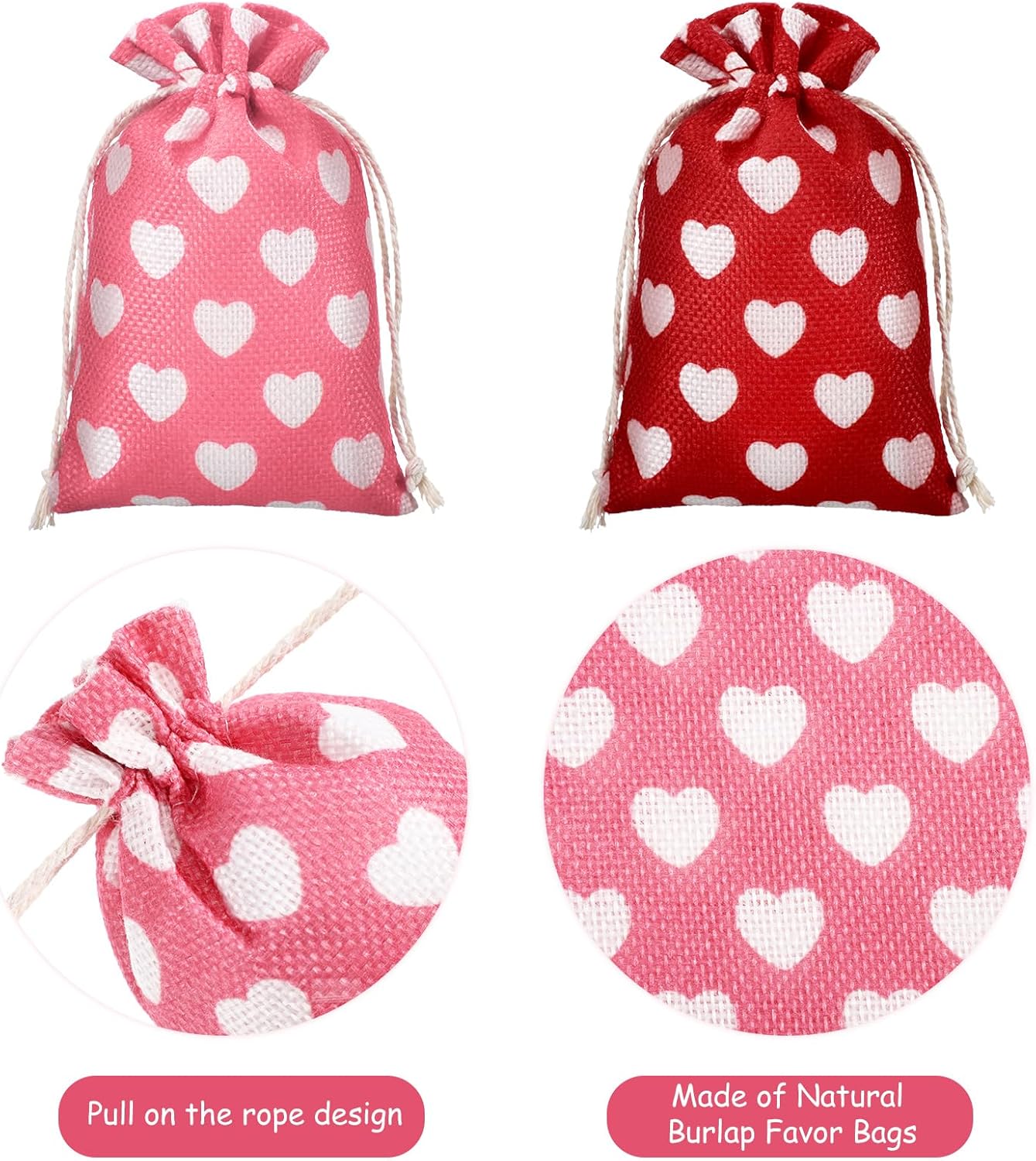 24 Pieces Valentine's Day Burlap Bag with Drawstring Linen Heart Red and Pink for 4 x 6 Inches Party Favor Gift Bags Packing Storage Pouch - - Image 3