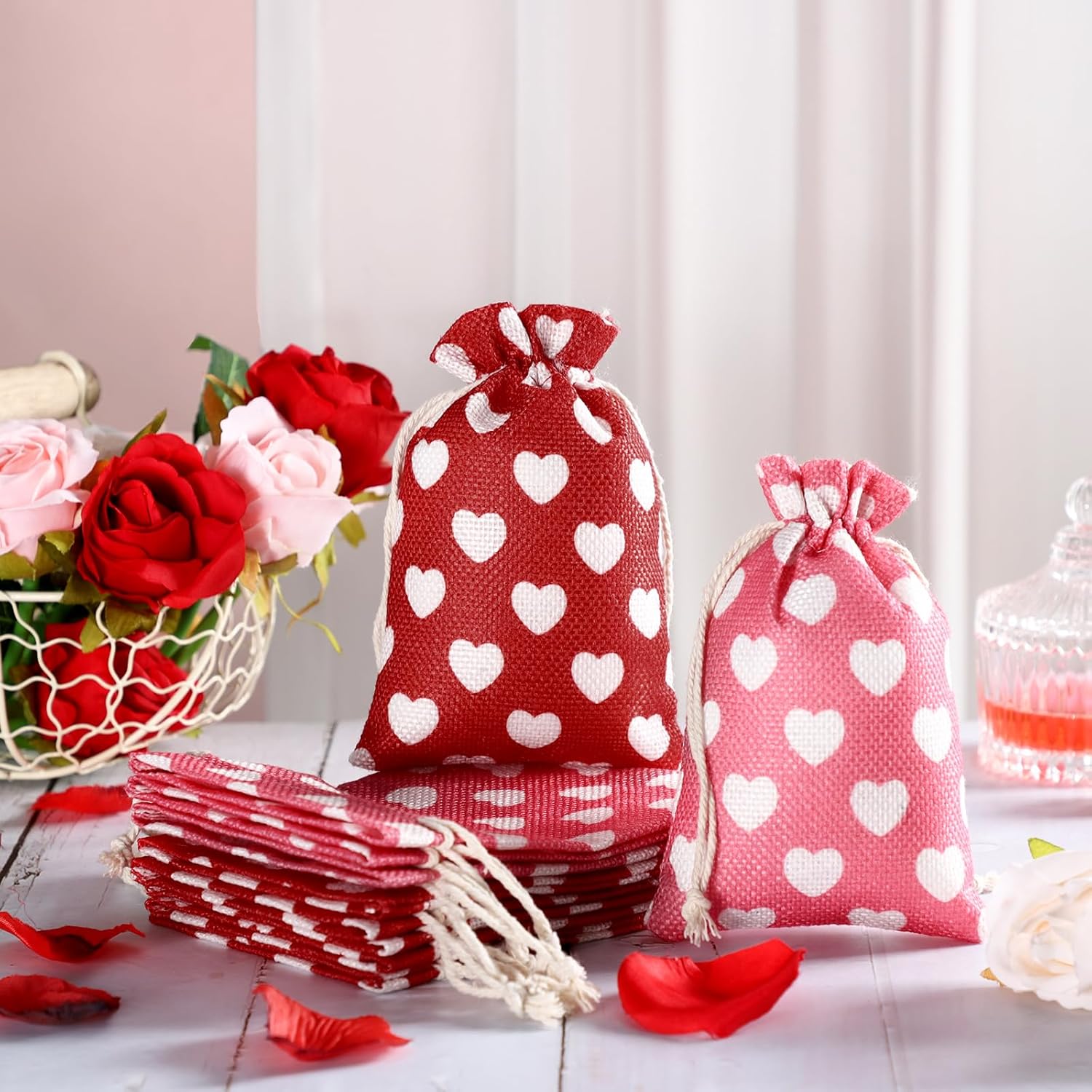24 Pieces Valentine's Day Burlap Bag with Drawstring Linen Heart Red and Pink for 4 x 6 Inches Party Favor Gift Bags Packing Storage Pouch - - Image 4