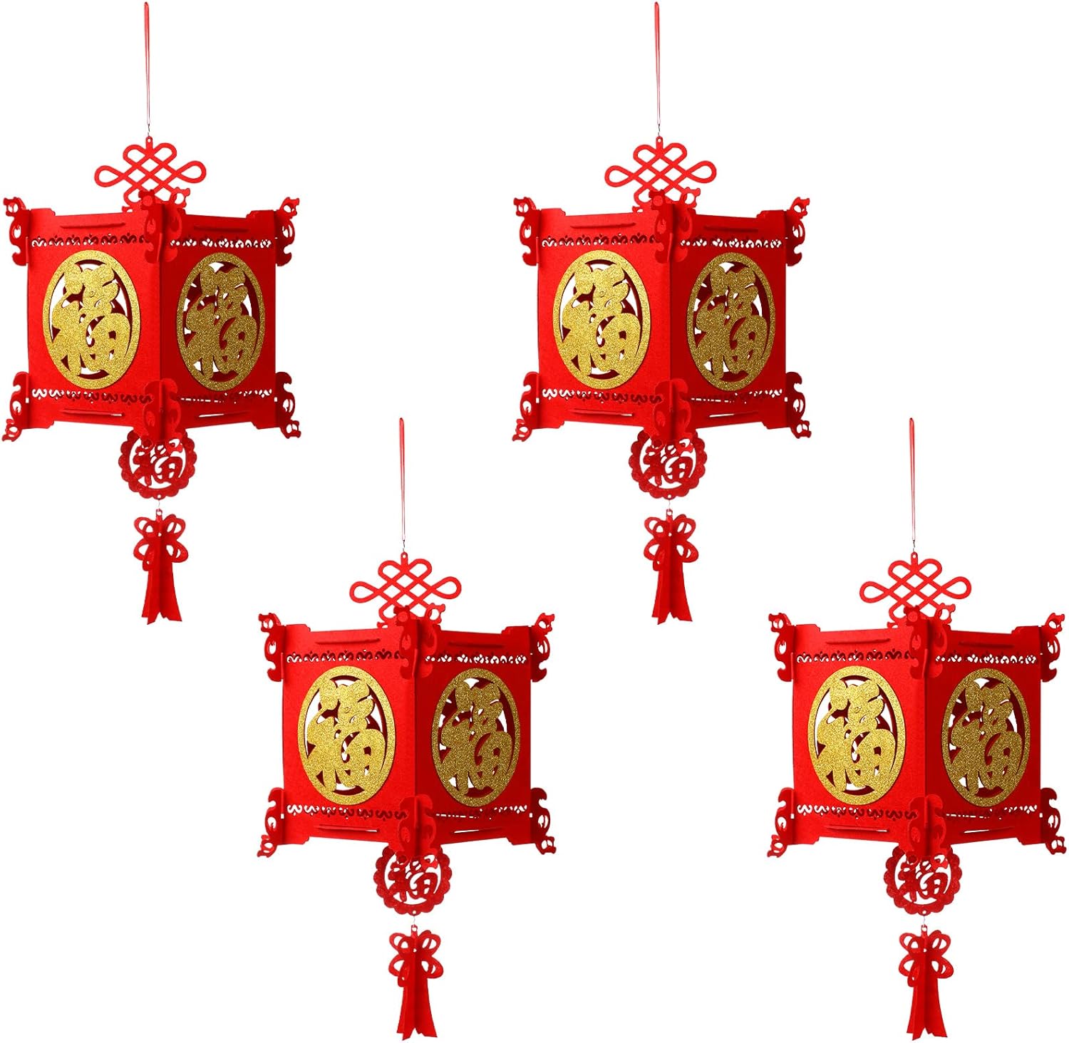 4 Pieces Chinese New Year Lantern Decoration 2026 Lunar Lanterns Lucky Red Fu 3D Puzzle Traditional for Spring Festival Restaurant Celebration(17.7 x 10 Inches,Square) Square 17.7 Inches - Image 1