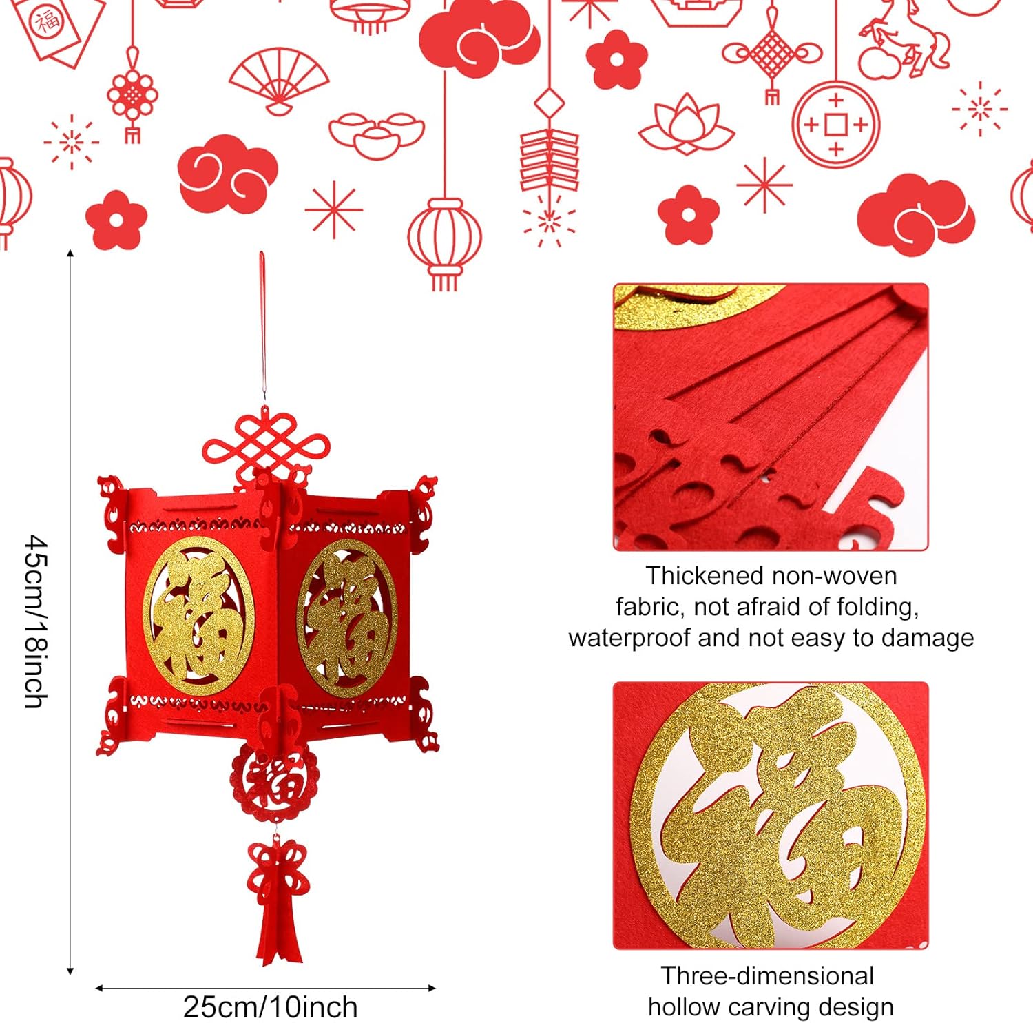 4 Pieces Chinese New Year Lantern Decoration 2026 Lunar Lanterns Lucky Red Fu 3D Puzzle Traditional for Spring Festival Restaurant Celebration(17.7 x 10 Inches,Square) Square 17.7 Inches - Image 2
