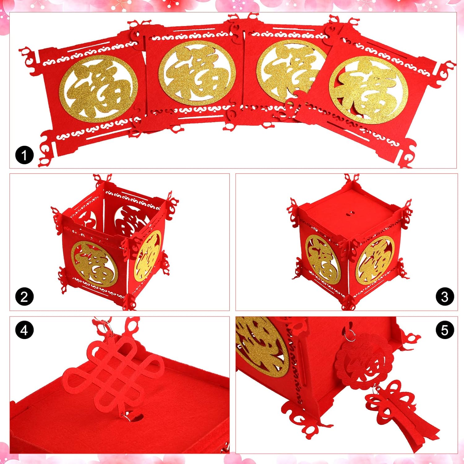 4 Pieces Chinese New Year Lantern Decoration 2026 Lunar Lanterns Lucky Red Fu 3D Puzzle Traditional for Spring Festival Restaurant Celebration(17.7 x 10 Inches,Square) Square 17.7 Inches - Image 3