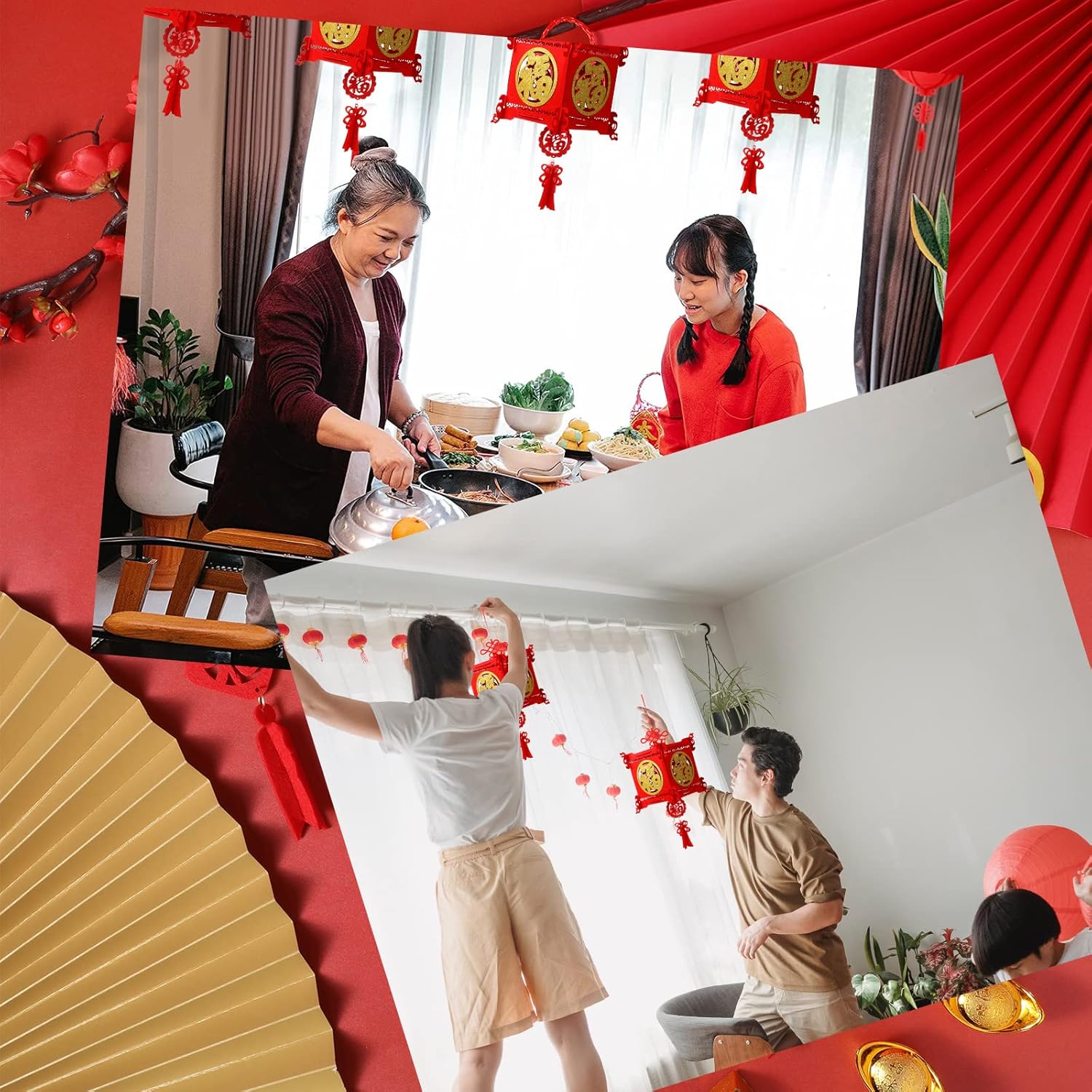 4 Pieces Chinese New Year Lantern Decoration 2026 Lunar Lanterns Lucky Red Fu 3D Puzzle Traditional for Spring Festival Restaurant Celebration(17.7 x 10 Inches,Square) Square 17.7 Inches - Image 7