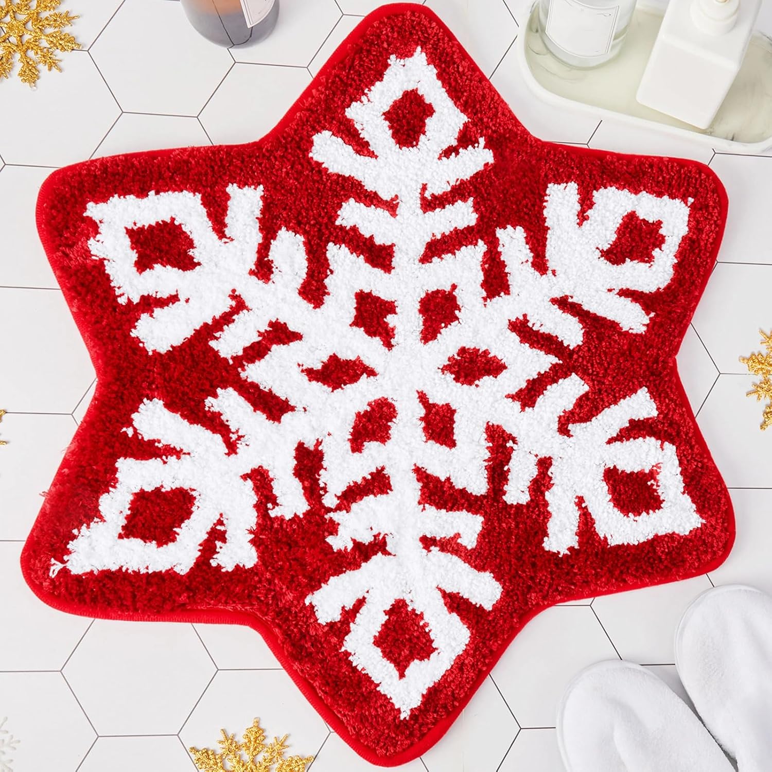 Winter Snowflake Rug Red Bath Mat Bathroom Decor Welcome Non Slip Xmas Washable Bathtub Tub Doormat 21.7'' x 23.6''(Classic) - - Image 1
