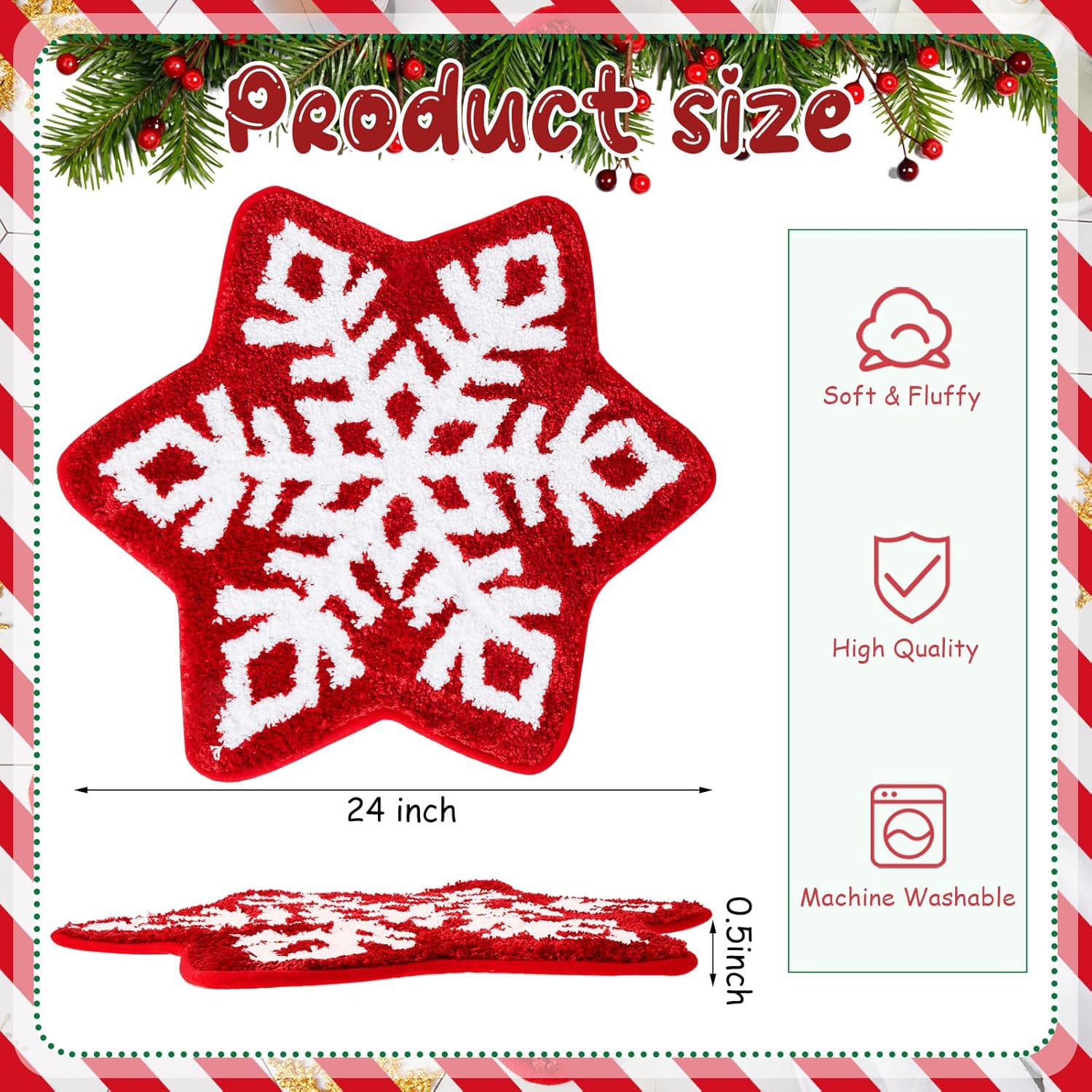 Winter Snowflake Rug Red Bath Mat Bathroom Decor Welcome Non Slip Xmas Washable Bathtub Tub Doormat 21.7'' x 23.6''(Classic) - - Image 2