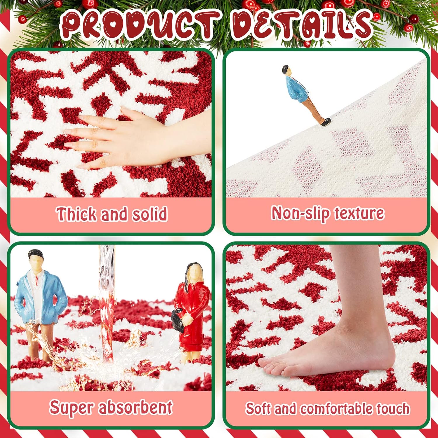 Winter Snowflake Rug Red Bath Mat Bathroom Decor Welcome Non Slip Xmas Washable Bathtub Tub Doormat 21.7'' x 23.6''(Classic) - - Image 3