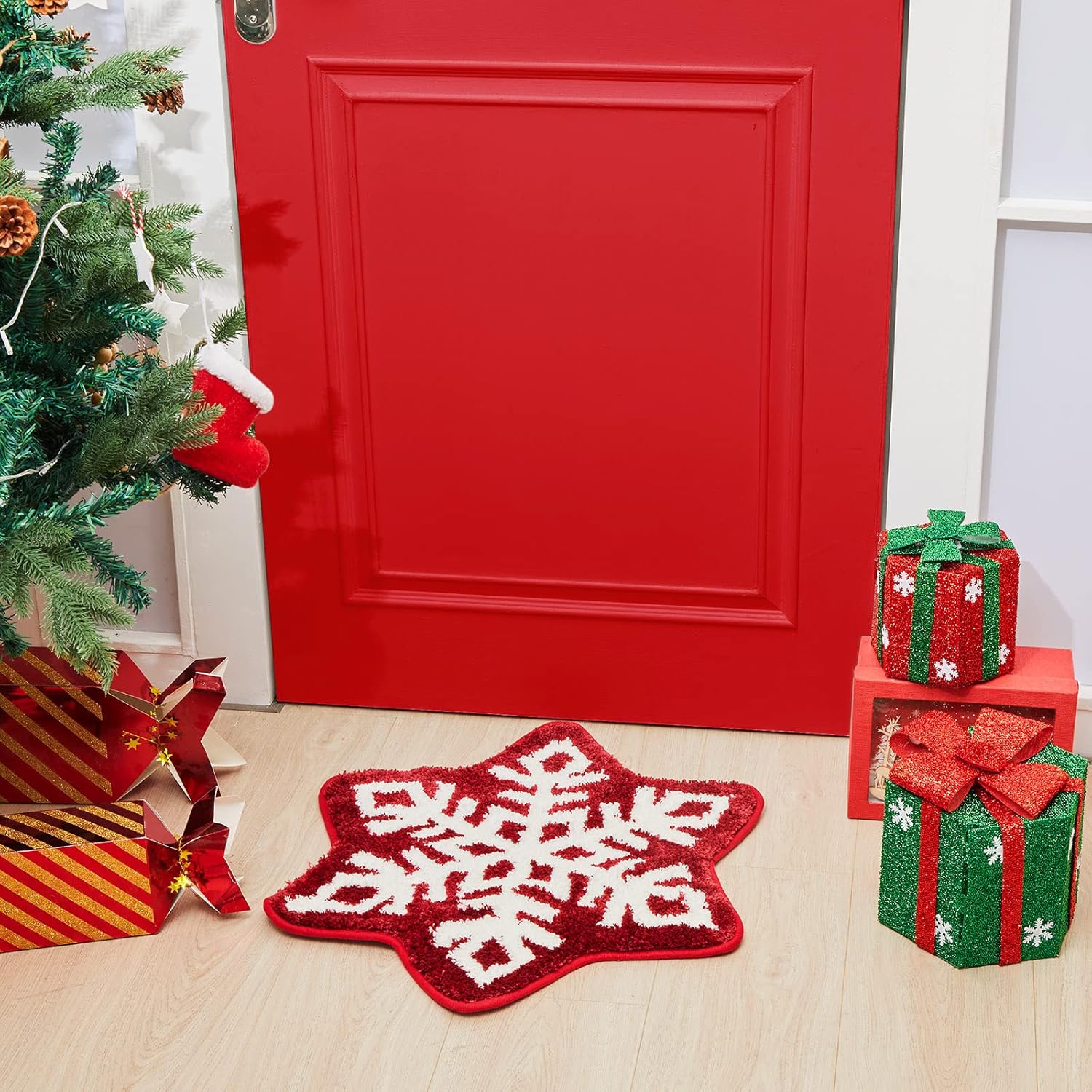 Winter Snowflake Rug Red Bath Mat Bathroom Decor Welcome Non Slip Xmas Washable Bathtub Tub Doormat 21.7'' x 23.6''(Classic) - - Image 4