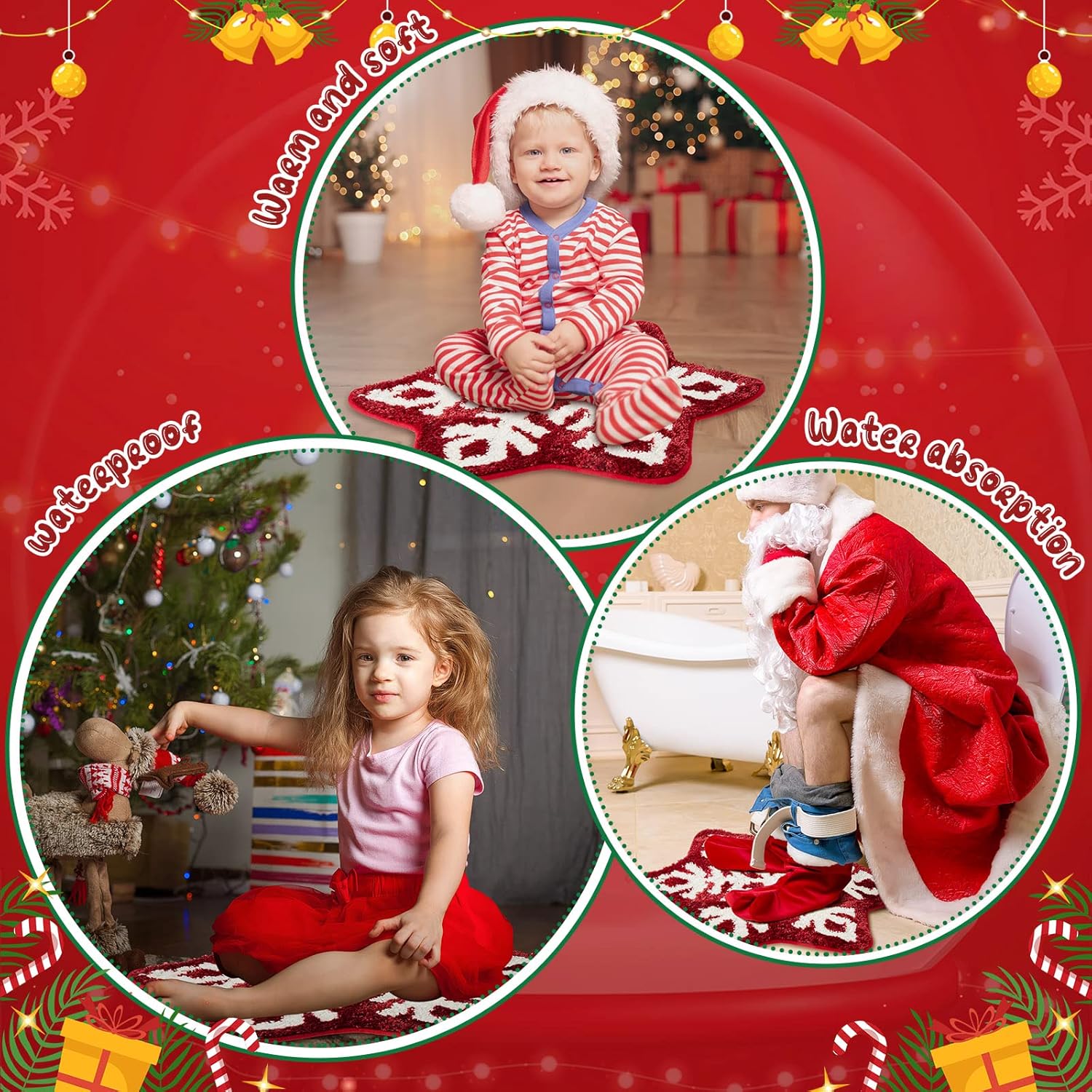 Winter Snowflake Rug Red Bath Mat Bathroom Decor Welcome Non Slip Xmas Washable Bathtub Tub Doormat 21.7'' x 23.6''(Classic) - - Image 5