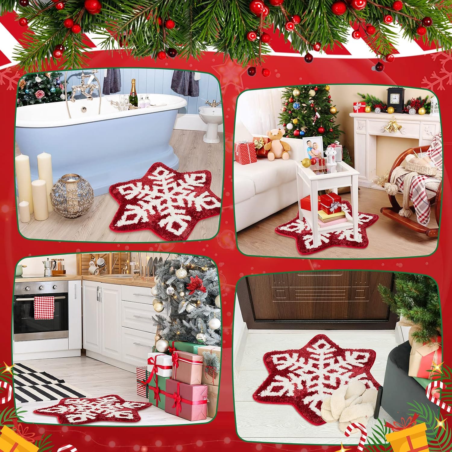Winter Snowflake Rug Red Bath Mat Bathroom Decor Welcome Non Slip Xmas Washable Bathtub Tub Doormat 21.7'' x 23.6''(Classic) - - Image 6