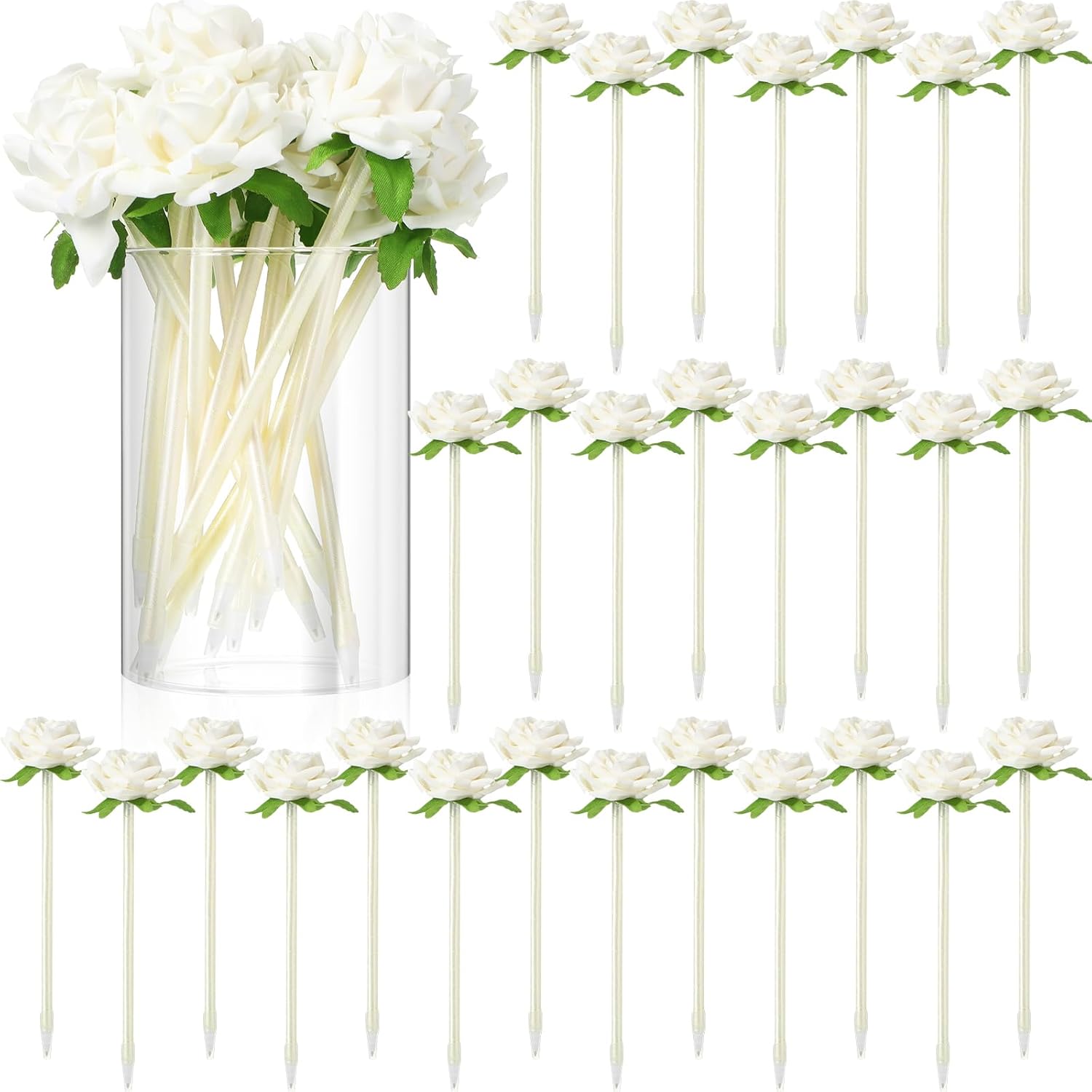 28 Pcs Valentine's Day Flower Rose Pens Valentine Gifts Artificial Floral 0.5mm Black Ink Gel Pen for Valentines Wedding Mother's Home Office Supplies(White) White - - Image 1