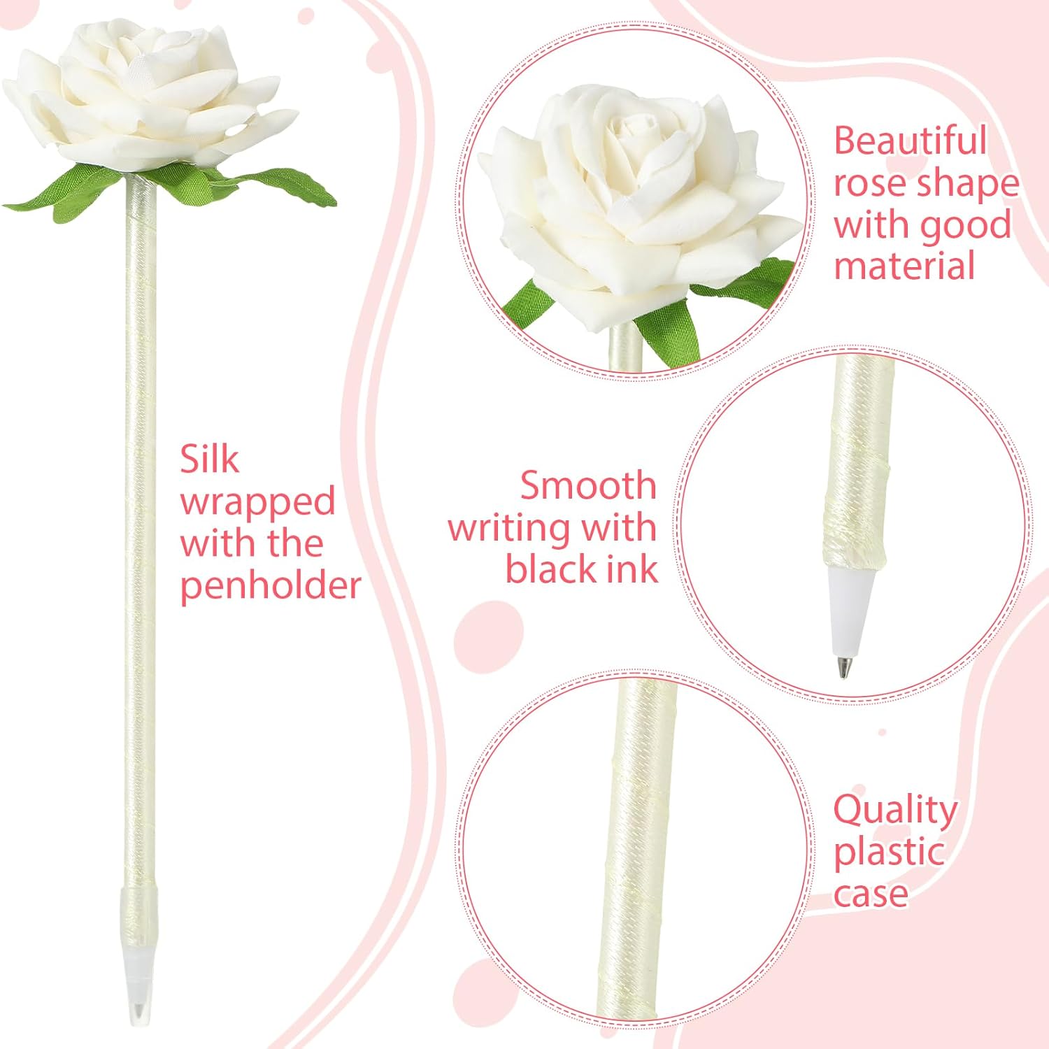 28 Pcs Valentine's Day Flower Rose Pens Valentine Gifts Artificial Floral 0.5mm Black Ink Gel Pen for Valentines Wedding Mother's Home Office Supplies(White) White - - Image 3