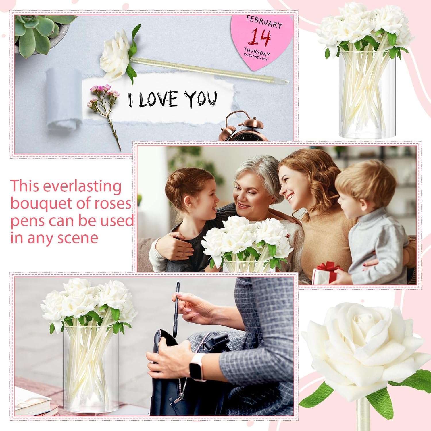 28 Pcs Valentine's Day Flower Rose Pens Valentine Gifts Artificial Floral 0.5mm Black Ink Gel Pen for Valentines Wedding Mother's Home Office Supplies(White) White - - Image 5