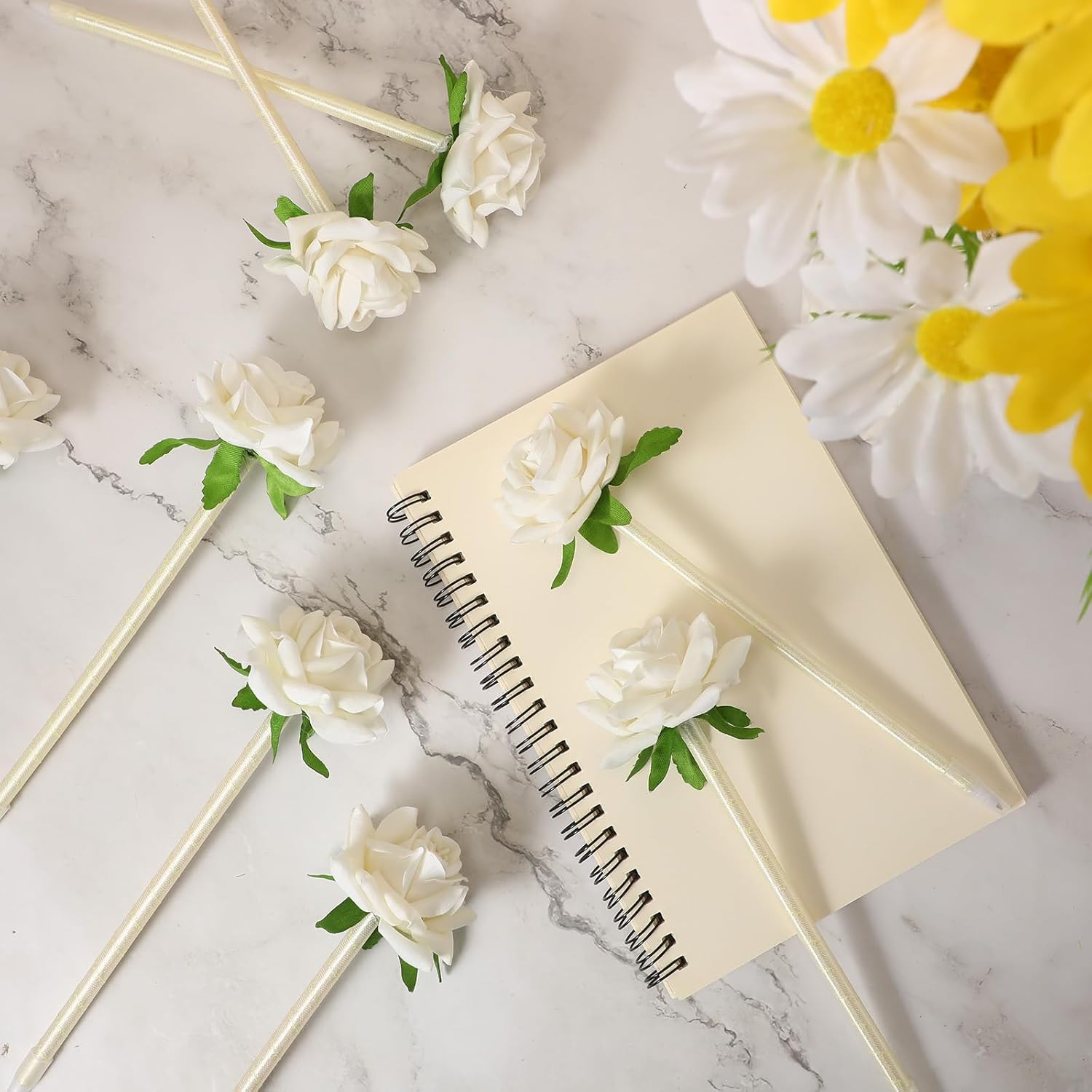 28 Pcs Valentine's Day Flower Rose Pens Valentine Gifts Artificial Floral 0.5mm Black Ink Gel Pen for Valentines Wedding Mother's Home Office Supplies(White) White - - Image 7