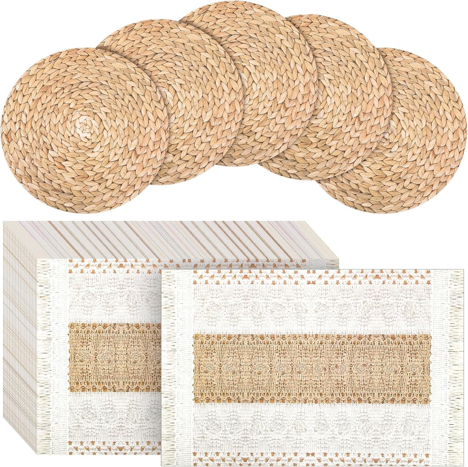 100 Pcs Boho Disposable Paper Placemats Set Round Braided Rattan Woven Place and Rectangle Burlap Printed Farmhouse Table Mats for Kitchen - - Image 1