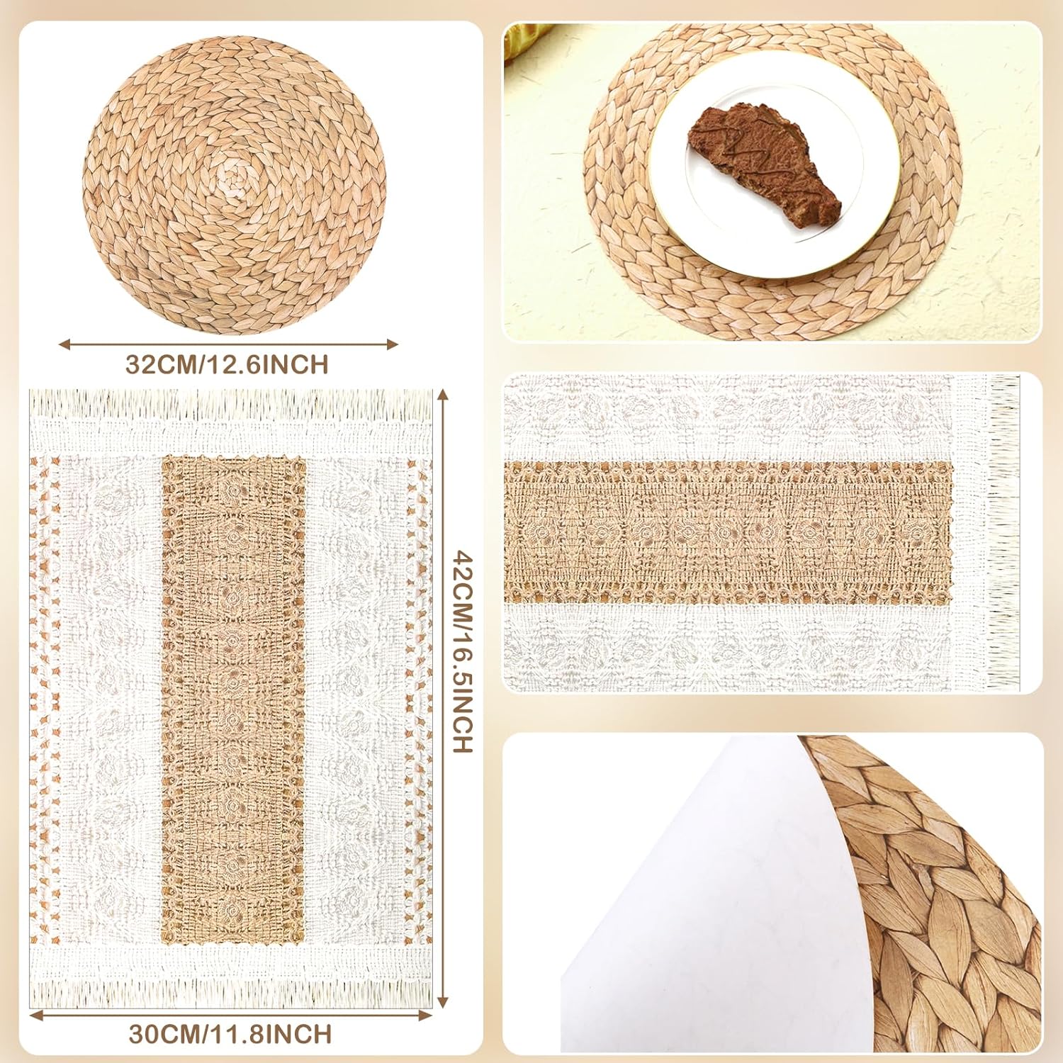 100 Pcs Boho Disposable Paper Placemats Set Round Braided Rattan Woven Place and Rectangle Burlap Printed Farmhouse Table Mats for Kitchen - - Image 2
