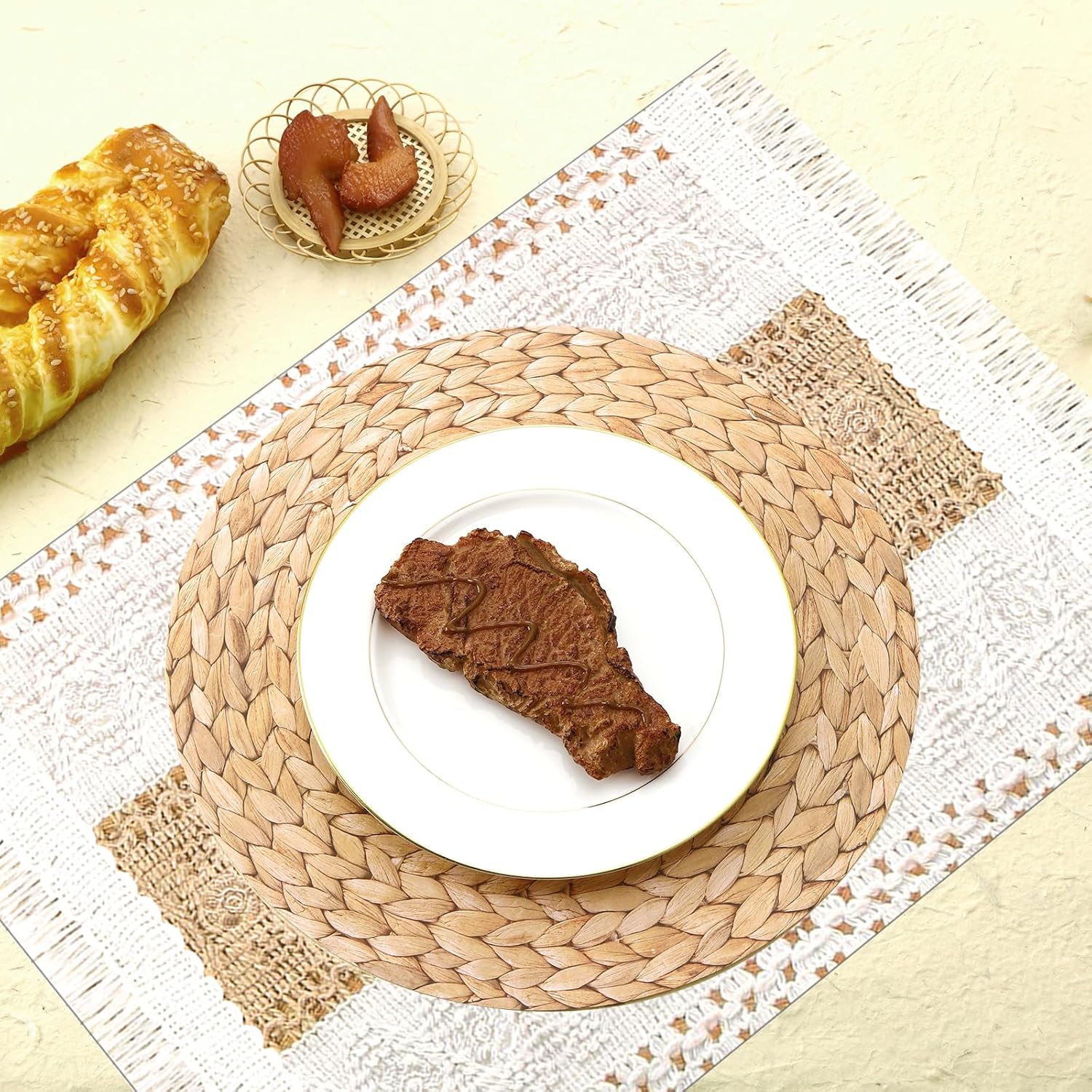 100 Pcs Boho Disposable Paper Placemats Set Round Braided Rattan Woven Place and Rectangle Burlap Printed Farmhouse Table Mats for Kitchen - - Image 3