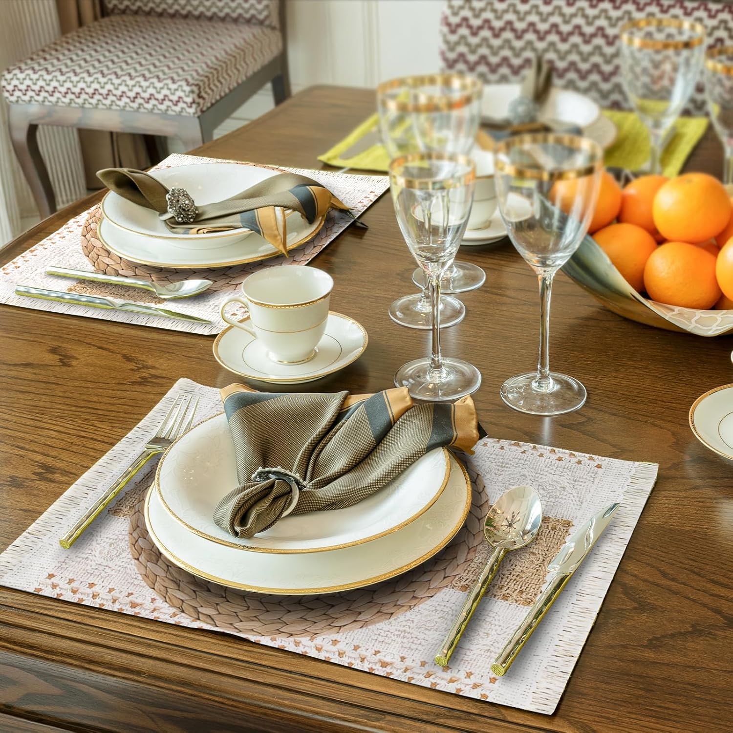100 Pcs Boho Disposable Paper Placemats Set Round Braided Rattan Woven Place and Rectangle Burlap Printed Farmhouse Table Mats for Kitchen - - Image 4