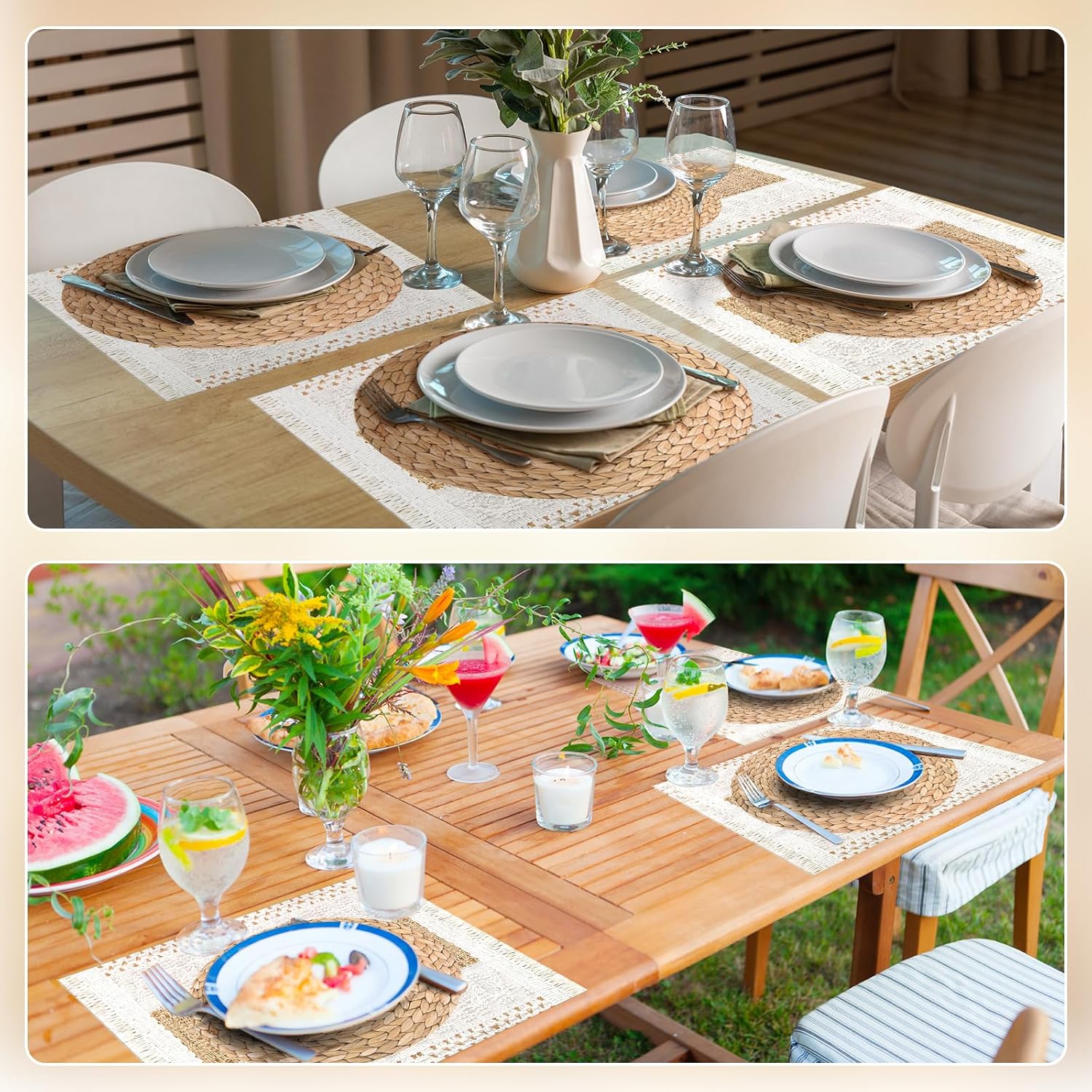 100 Pcs Boho Disposable Paper Placemats Set Round Braided Rattan Woven Place and Rectangle Burlap Printed Farmhouse Table Mats for Kitchen - - Image 5