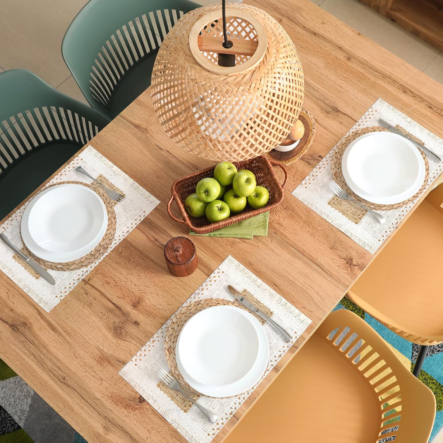 100 Pcs Boho Disposable Paper Placemats Set Round Braided Rattan Woven Place and Rectangle Burlap Printed Farmhouse Table Mats for Kitchen - - Image 6