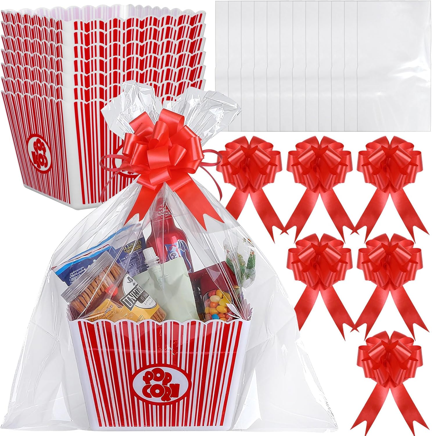 6 Pack Movie Night Gifts Baskets Plastic Popcorn Box Containers with Bags and Bows for Holiday Lover Teacher Appreciation Birthday Party Favors DIY Kits - 9 x Inch - Image 1