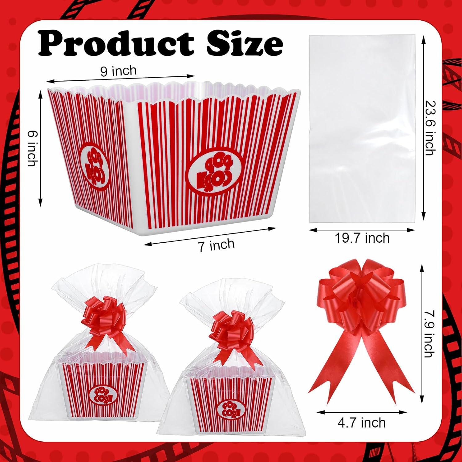 6 Pack Movie Night Gifts Baskets Plastic Popcorn Box Containers with Bags and Bows for Holiday Lover Teacher Appreciation Birthday Party Favors DIY Kits - 9 x Inch - Image 2
