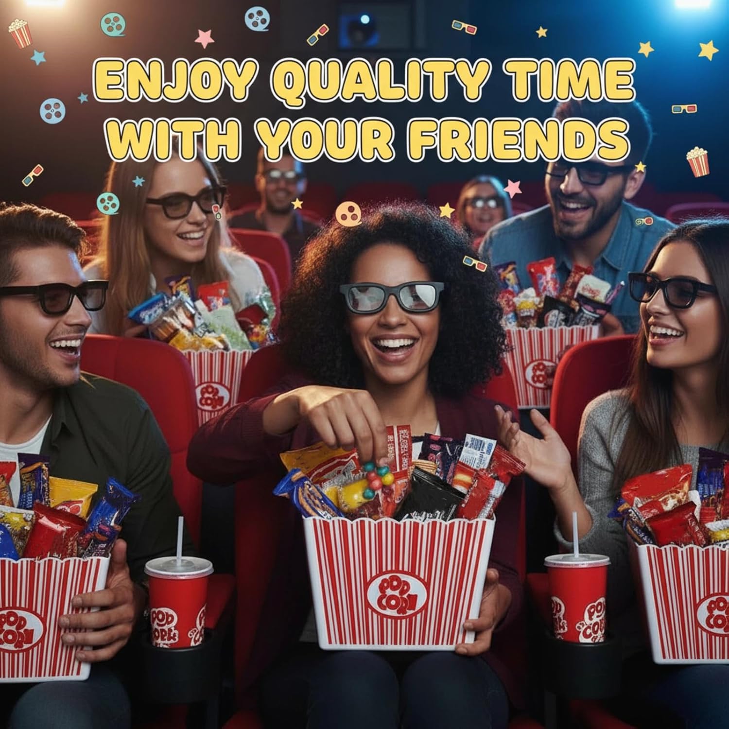 6 Pack Movie Night Gifts Baskets Plastic Popcorn Box Containers with Bags and Bows for Holiday Lover Teacher Appreciation Birthday Party Favors DIY Kits - 9 x Inch - Image 3