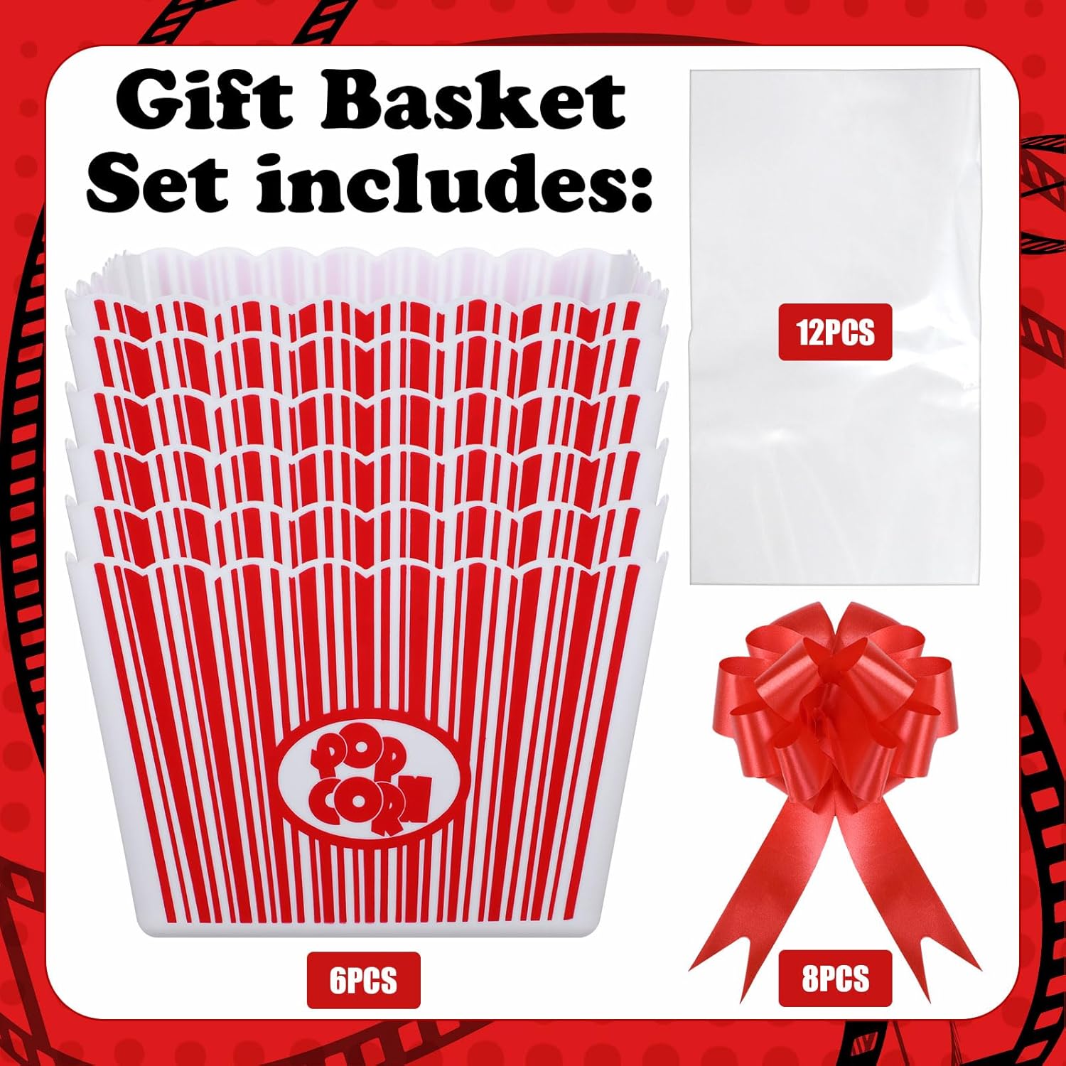 6 Pack Movie Night Gifts Baskets Plastic Popcorn Box Containers with Bags and Bows for Holiday Lover Teacher Appreciation Birthday Party Favors DIY Kits - 9 x Inch - Image 4