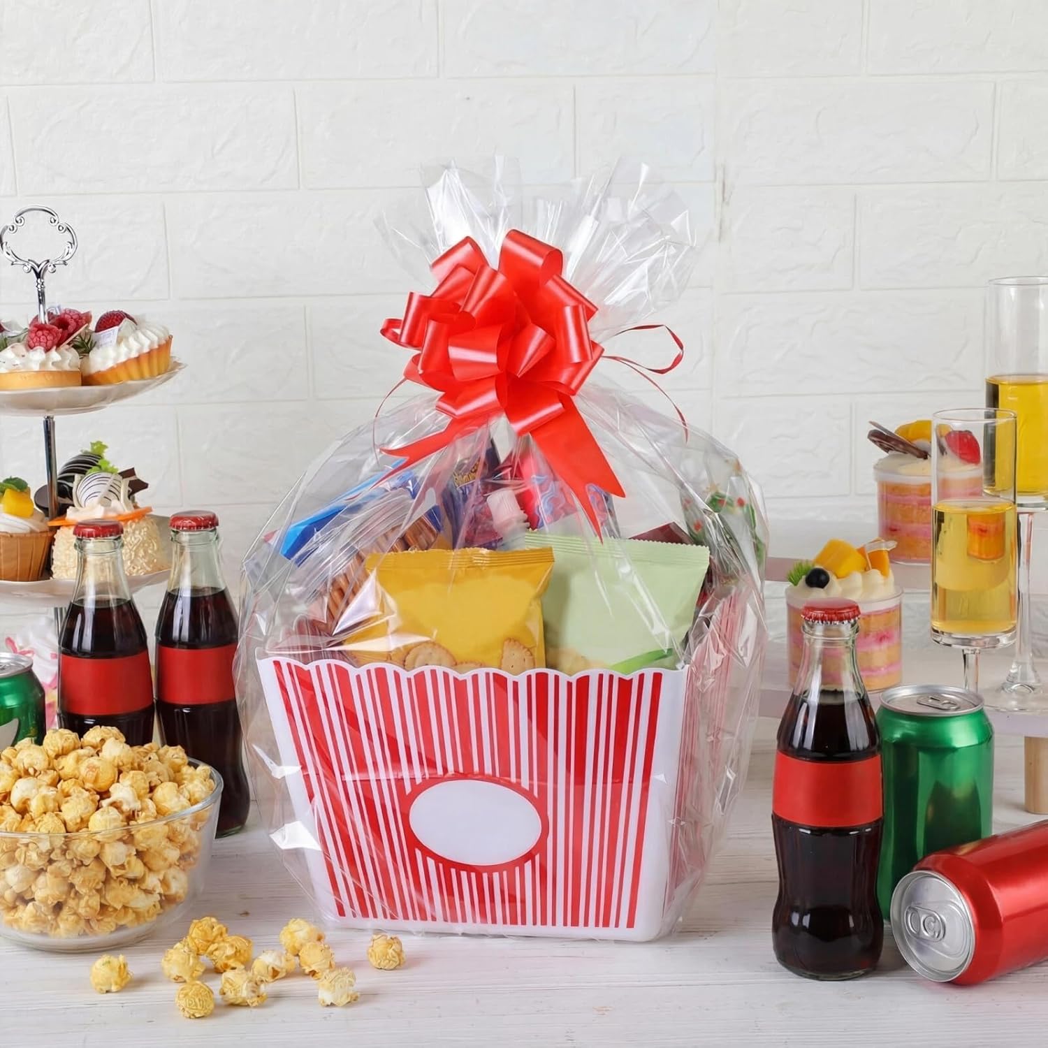 6 Pack Movie Night Gifts Baskets Plastic Popcorn Box Containers with Bags and Bows for Holiday Lover Teacher Appreciation Birthday Party Favors DIY Kits - 9 x Inch - Image 6