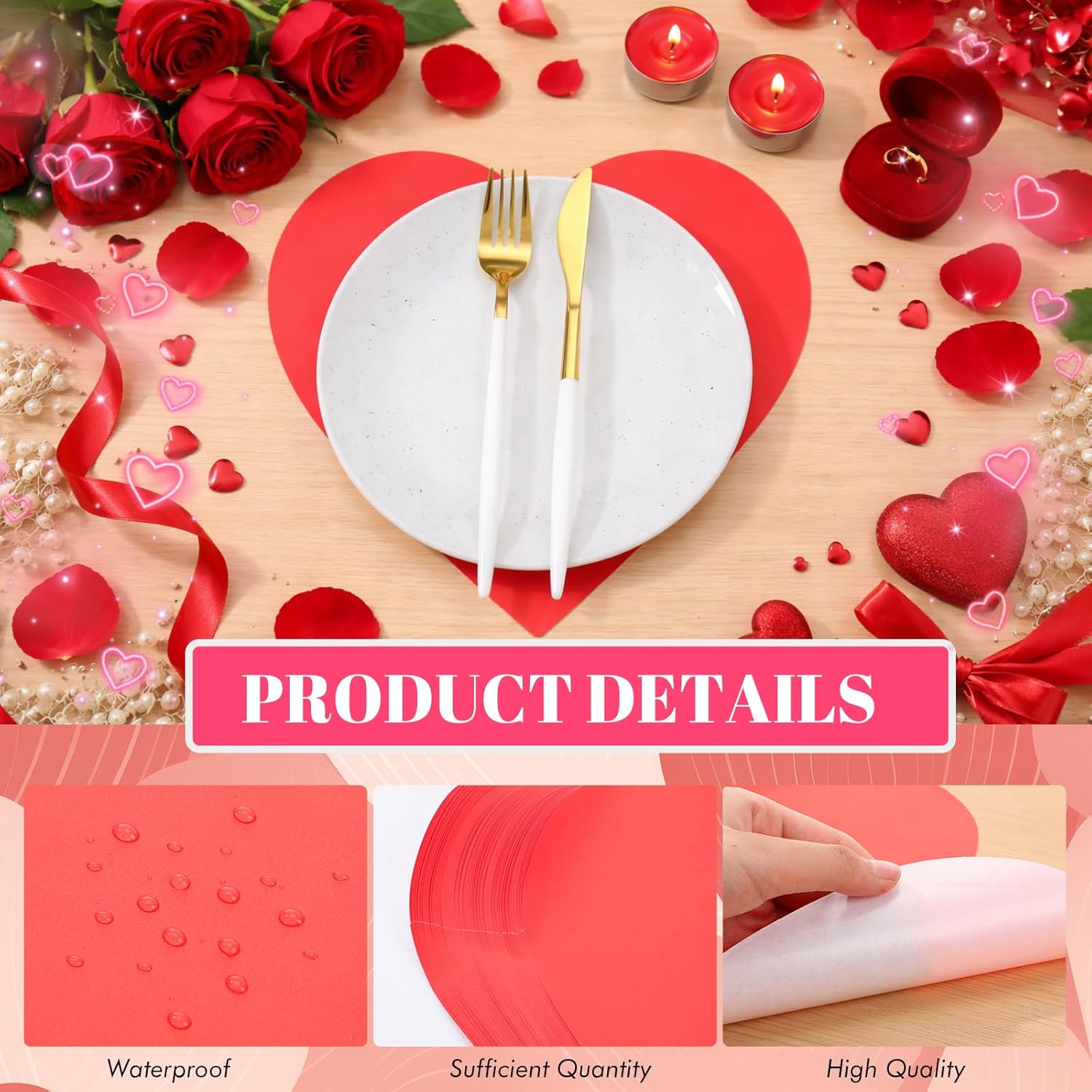 100 Pcs Red Heart Placemats Disposable Paper Table Decorations Indoor Shape for Valentine Mother's Day Wedding Bridal Holiday Birthday Party Kitchen Dinner - - Image 2