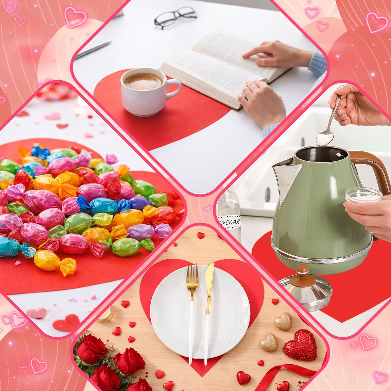 100 Pcs Red Heart Placemats Disposable Paper Table Decorations Indoor Shape for Valentine Mother's Day Wedding Bridal Holiday Birthday Party Kitchen Dinner - - Image 5