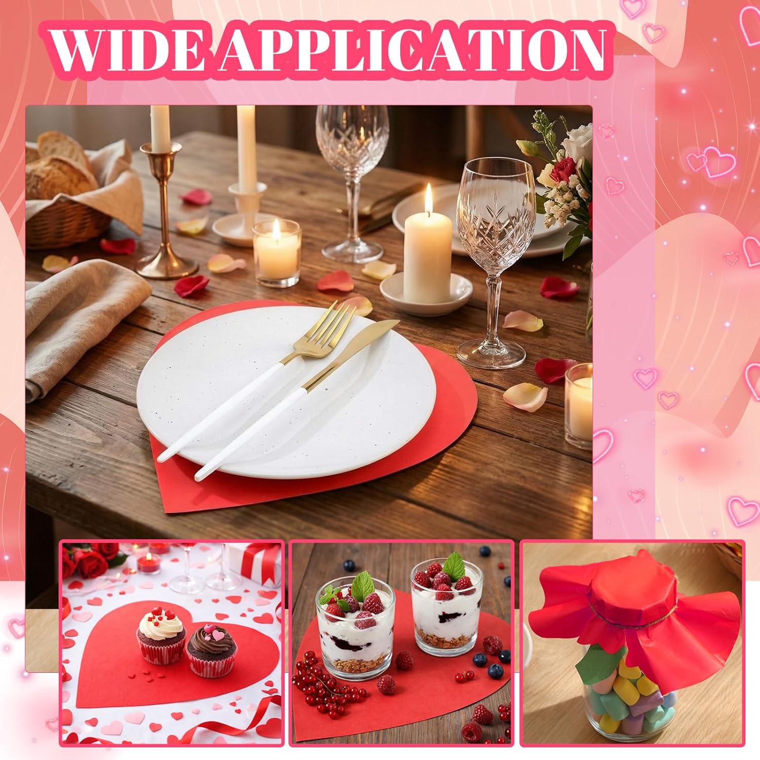 100 Pcs Red Heart Placemats Disposable Paper Table Decorations Indoor Shape for Valentine Mother's Day Wedding Bridal Holiday Birthday Party Kitchen Dinner - - Image 6