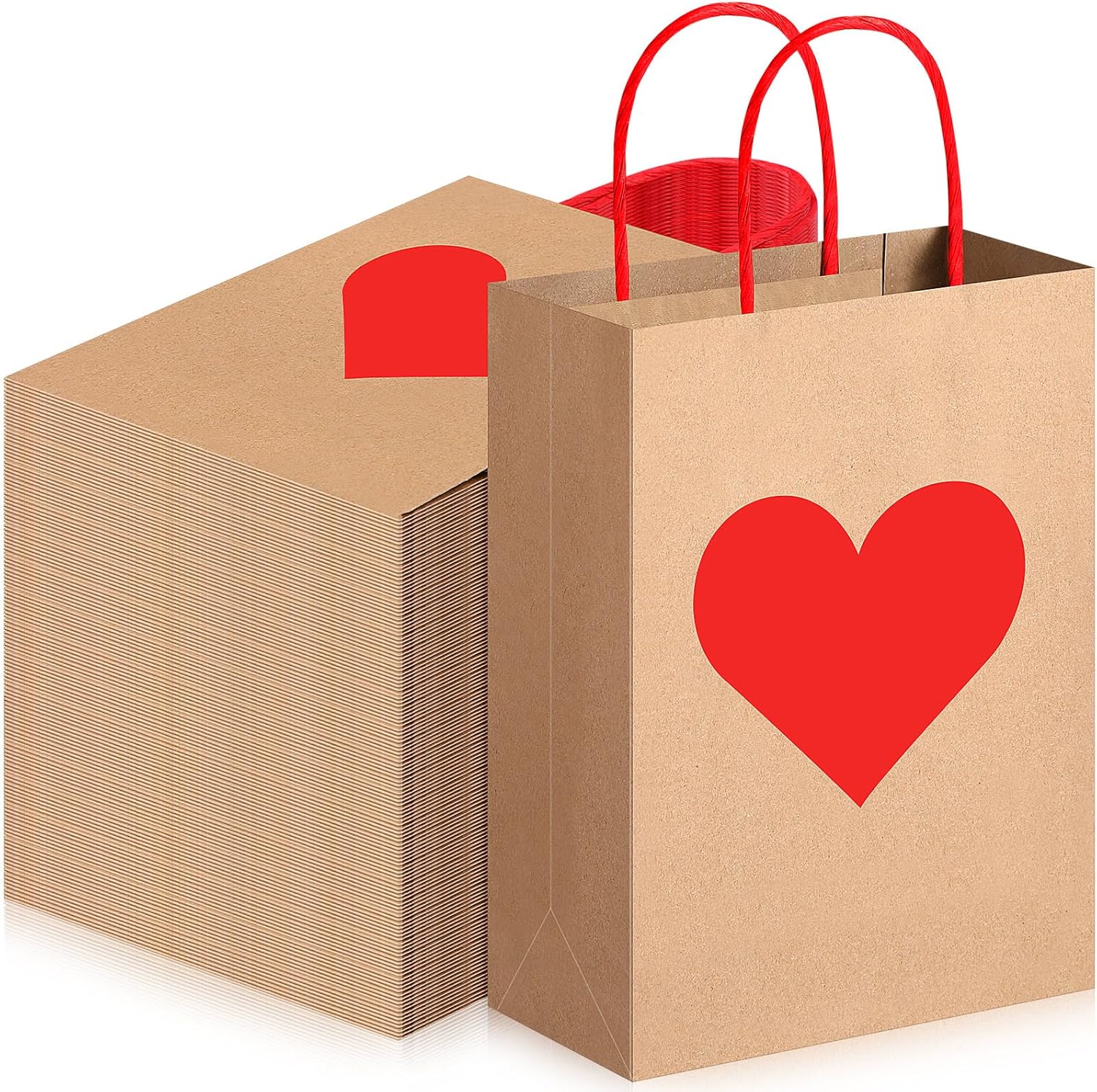 150 Pcs Valentines Day Gift Bags Candy Goodie with Handles Heart Love Paper Wrapping Kraft for Galentines Gifts Packing Party Favors - - Image 1