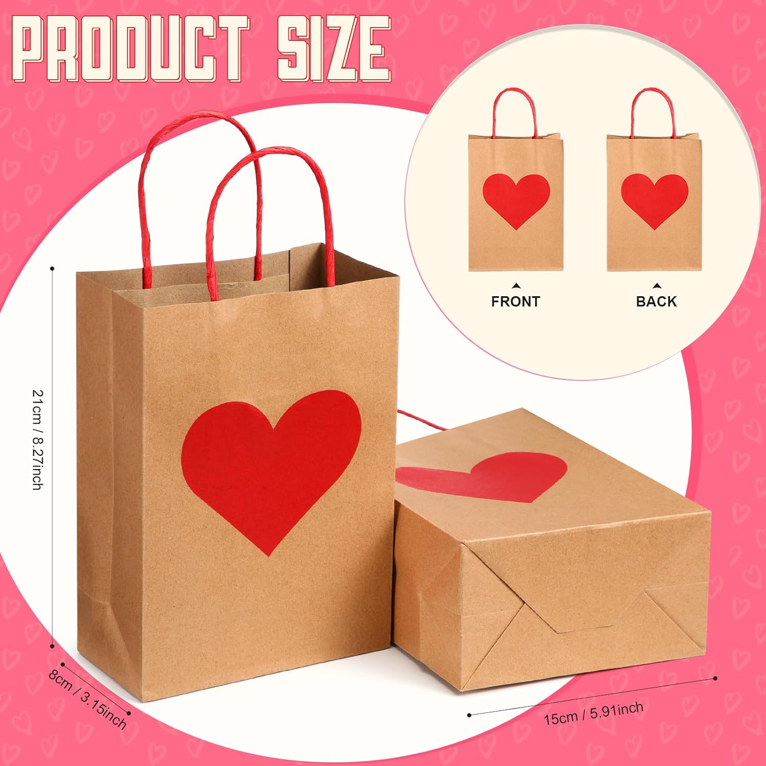 150 Pcs Valentines Day Gift Bags Candy Goodie with Handles Heart Love Paper Wrapping Kraft for Galentines Gifts Packing Party Favors - - Image 2