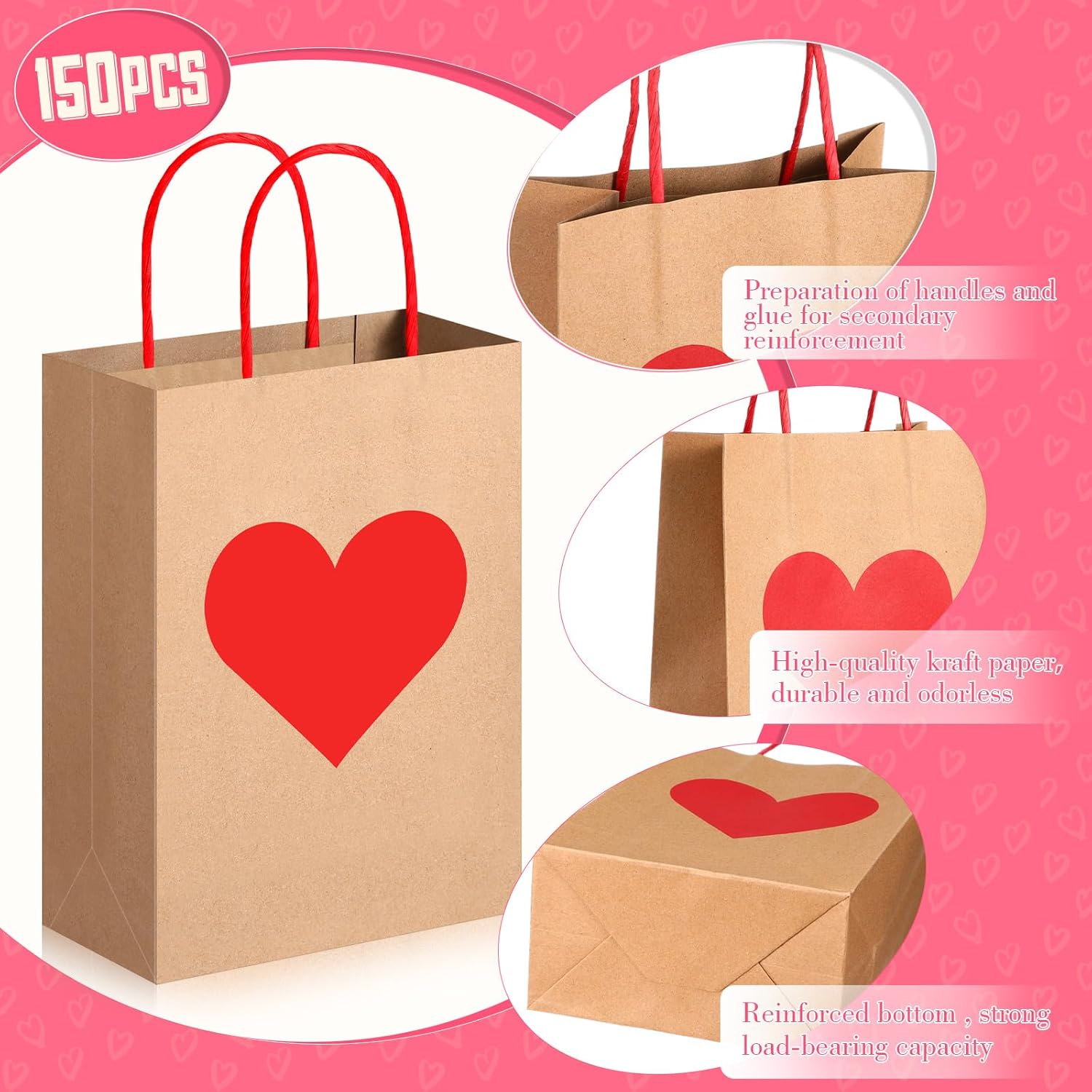 150 Pcs Valentines Day Gift Bags Candy Goodie with Handles Heart Love Paper Wrapping Kraft for Galentines Gifts Packing Party Favors - - Image 3