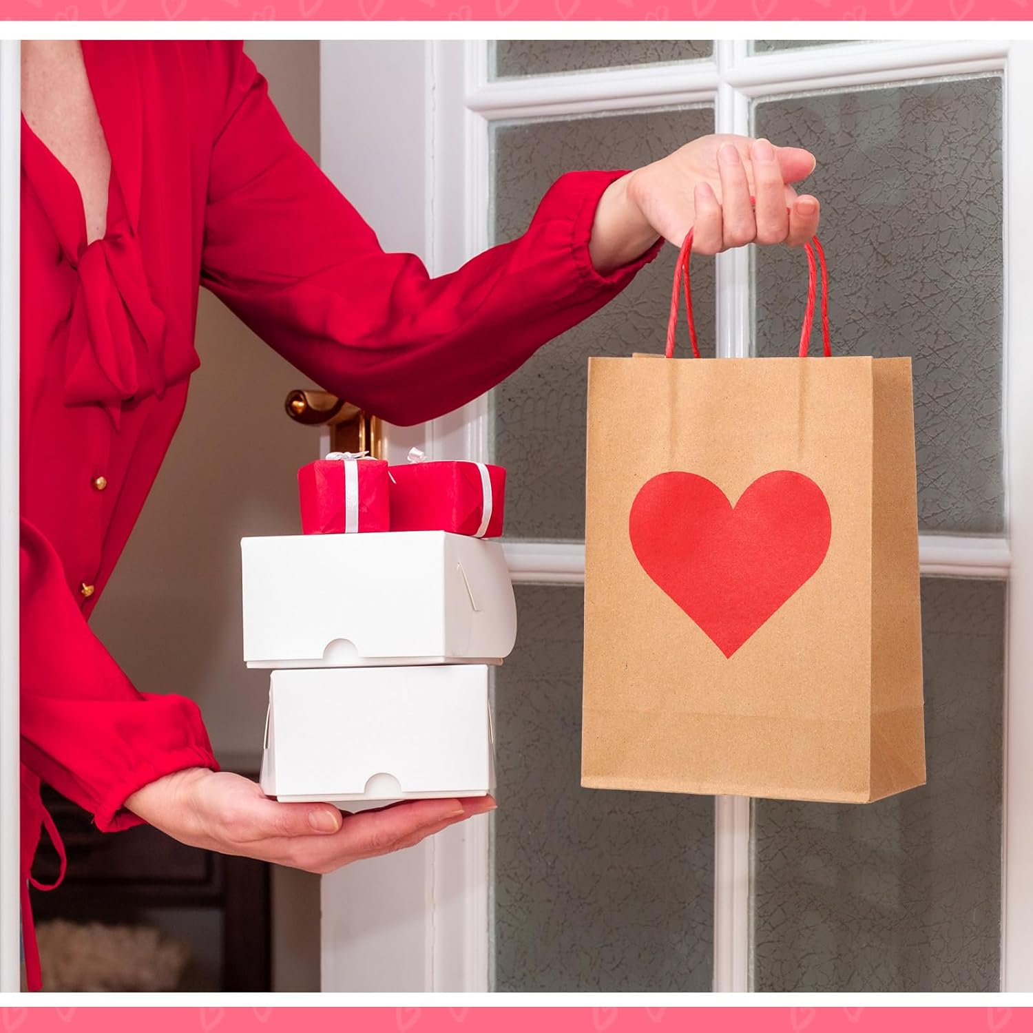 150 Pcs Valentines Day Gift Bags Candy Goodie with Handles Heart Love Paper Wrapping Kraft for Galentines Gifts Packing Party Favors - - Image 4