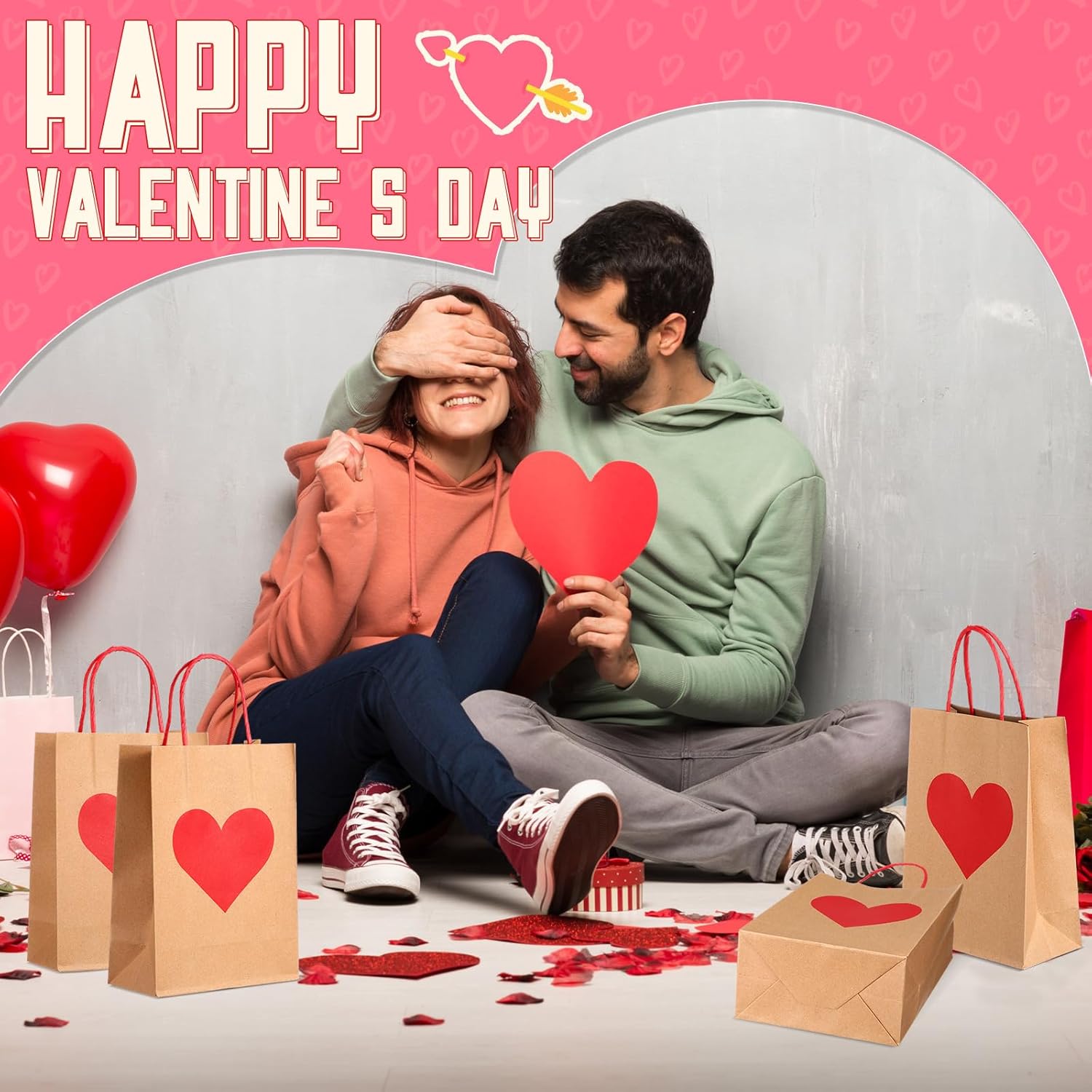 150 Pcs Valentines Day Gift Bags Candy Goodie with Handles Heart Love Paper Wrapping Kraft for Galentines Gifts Packing Party Favors - - Image 5