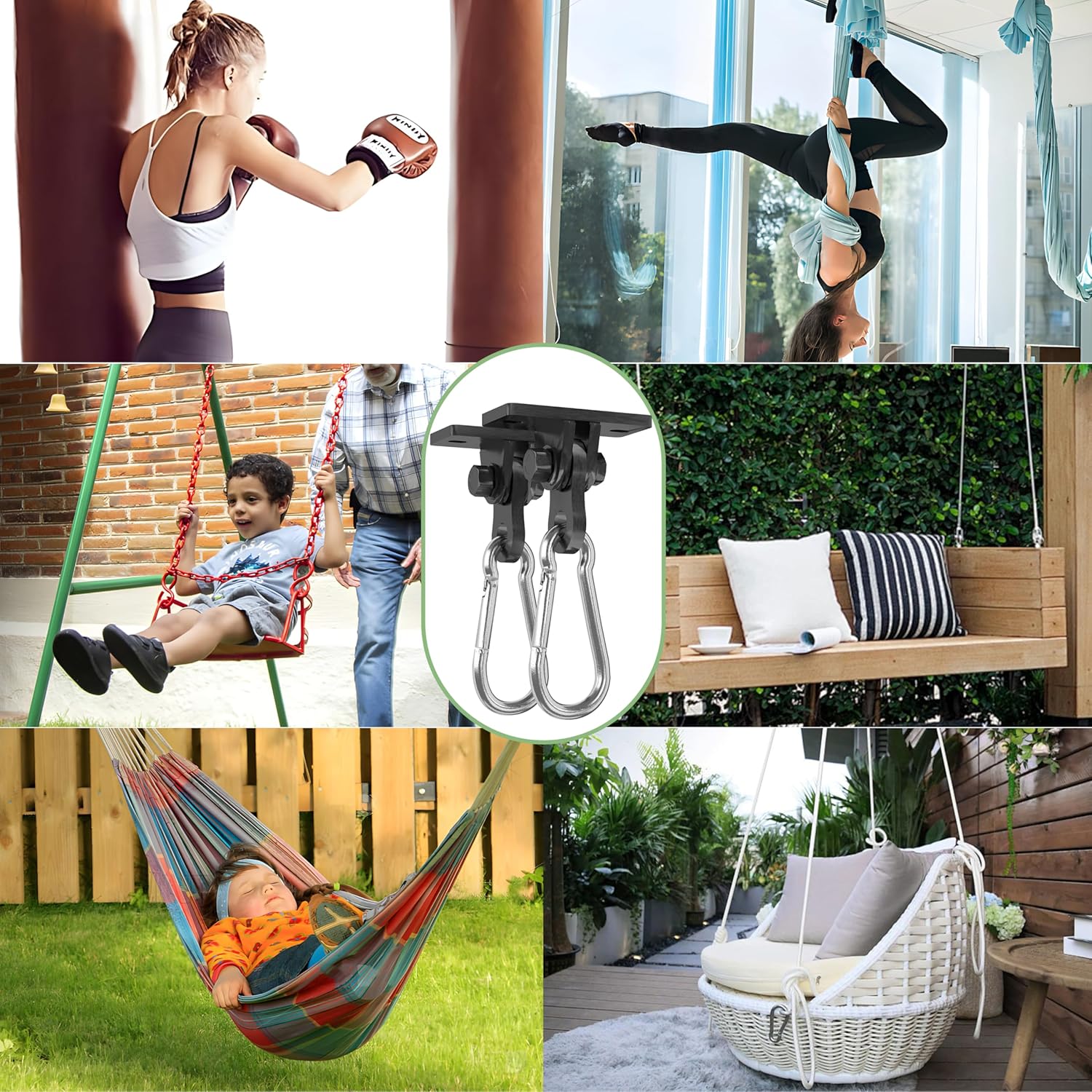 Heavy Duty Swing Hangers 2 Pack - 3000 lbs Capacity Silent Bearing Hooks for Wooden Sets & Concrete Ceiling, 304 Stainless Steel Black Brackets Porch, Yoga, Hammock, Gym Playground - Image 5