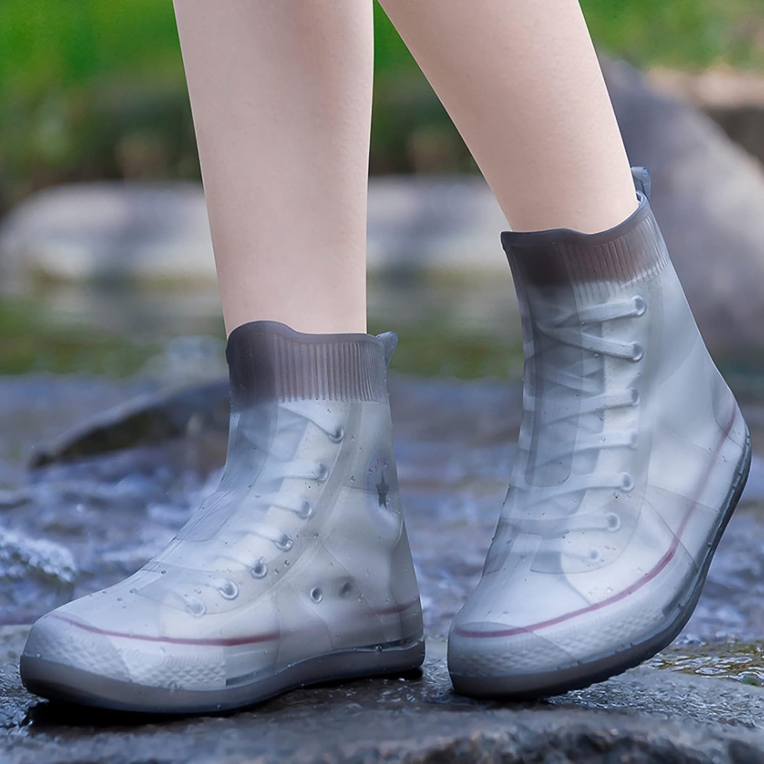 Shoe Covers Waterproof Rain Shoes Reusable Foldable Boots Slip Resistant Rubber Sole Overshoes Protectors for Cleaning Camping Travel Galoshes with Buttons Gray XX-Large - Image 1